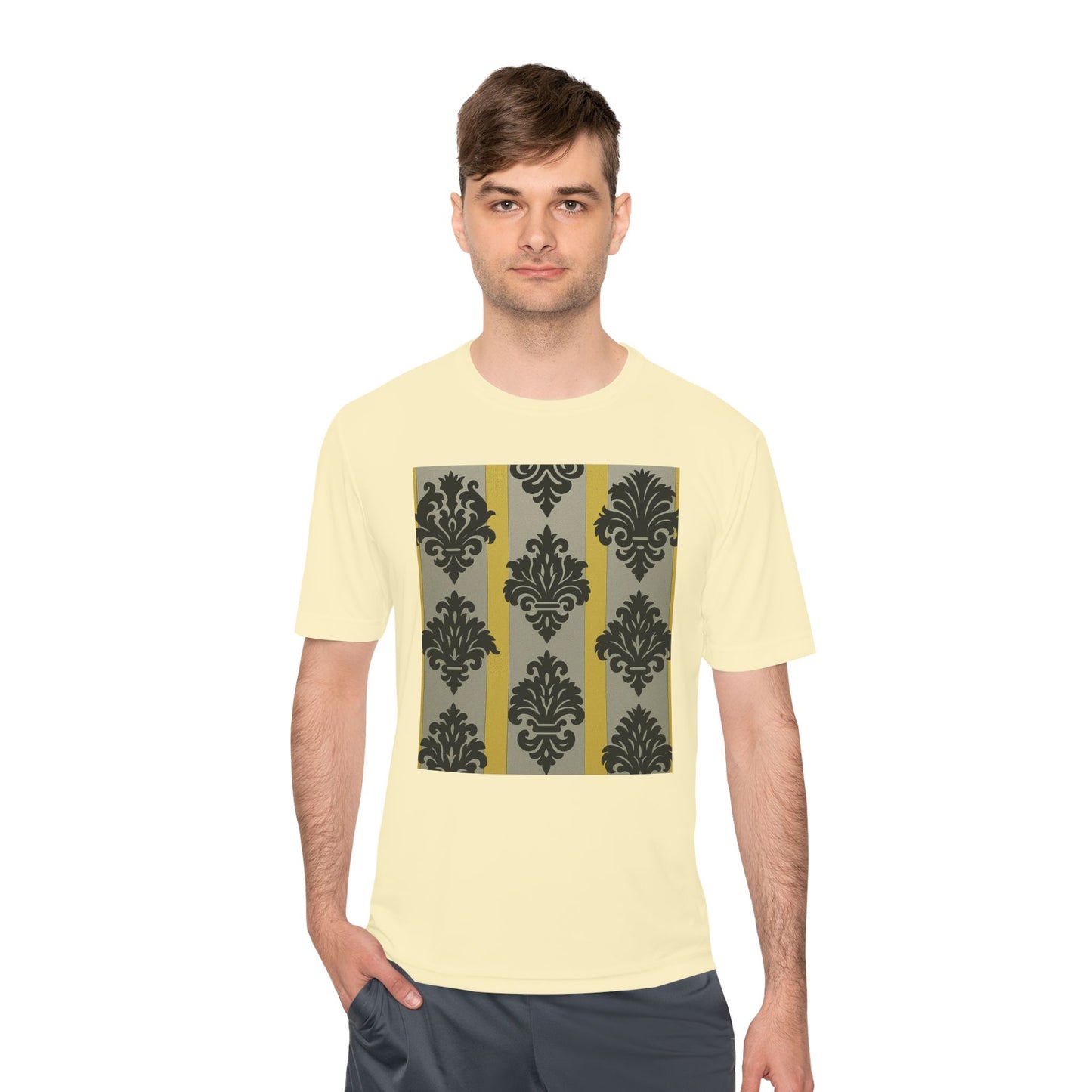 Elegant Patterned Unisex Moisture Wicking Tee, Activewear, Casual Tee, Gift for Him/Her, Stylish Sportswear - Silver & Gold Striped Black Baroque