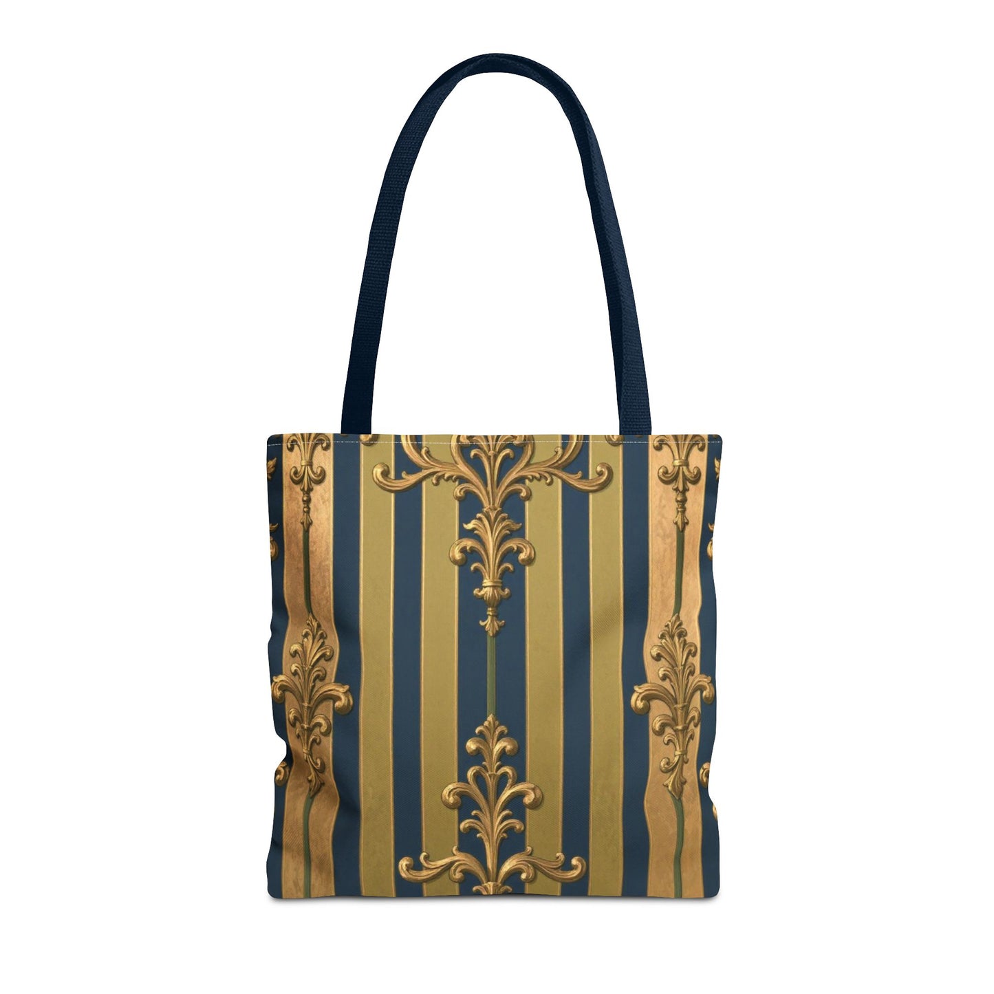 Elegant Midnight Blue & Olive Striped Gold Baroque Golden Striped Tote Bag, Stylish Shopping Bag, Trendy Handbag, Chic Gift for Her