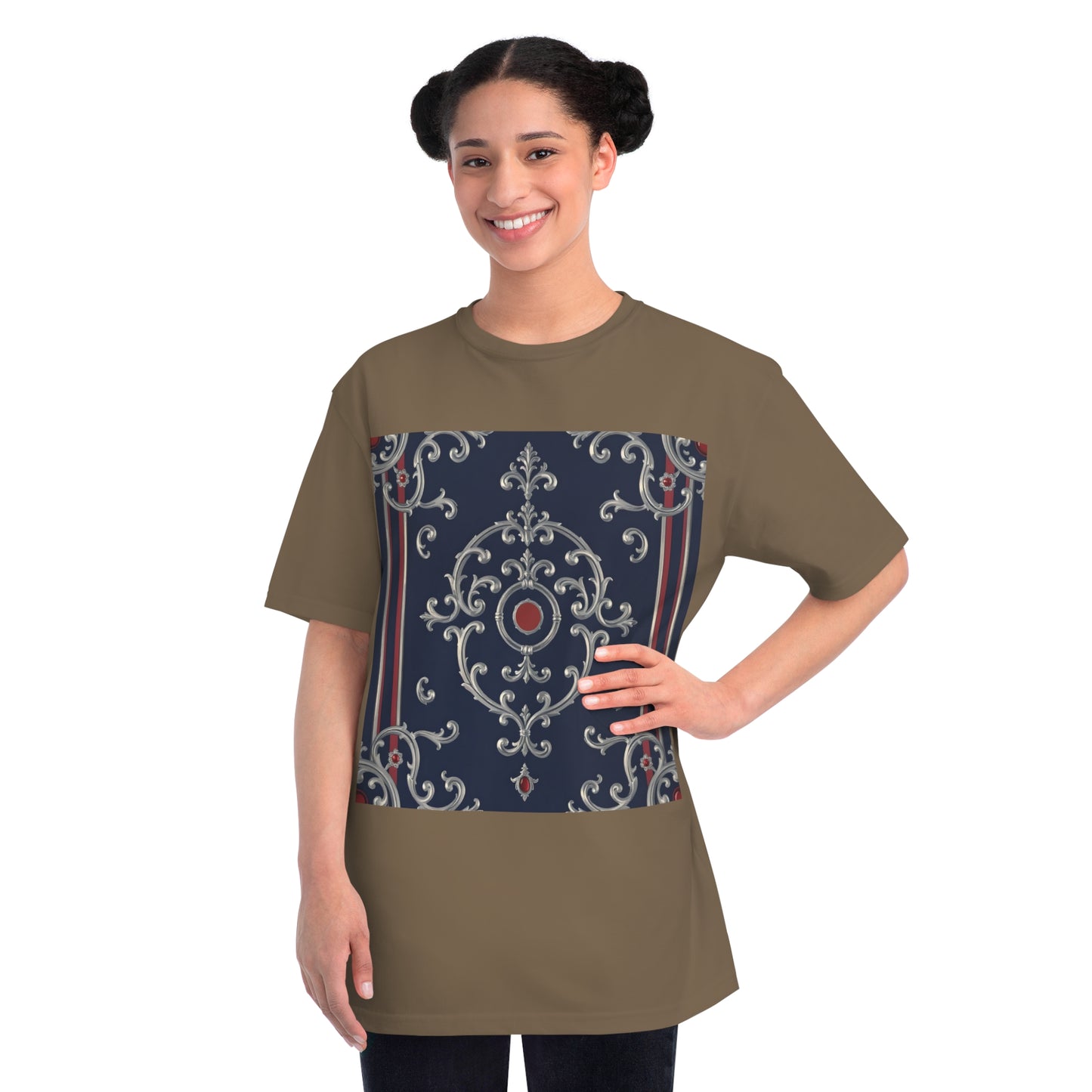 Vintage Pattern Organic Unisex T-Shirt | Baroque Style Tee, Casual Wear, Unique Gift, Eco-Friendly Fashion - Blue & Red Striped Silver Baroque