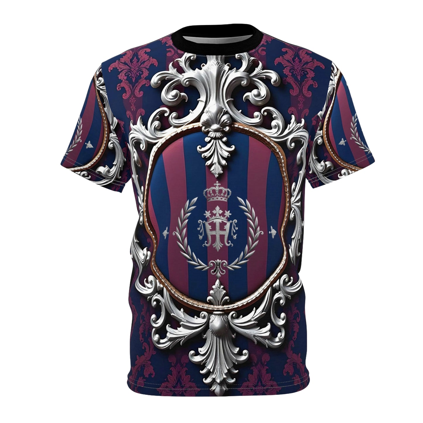 Regal Pattern Unisex T-Shirt - Elegant Fashion Tee for All Occasions, Stylish Gift, Statement Shirt, Trendy Outfit - Blue & Plum Striped Silver Crest
