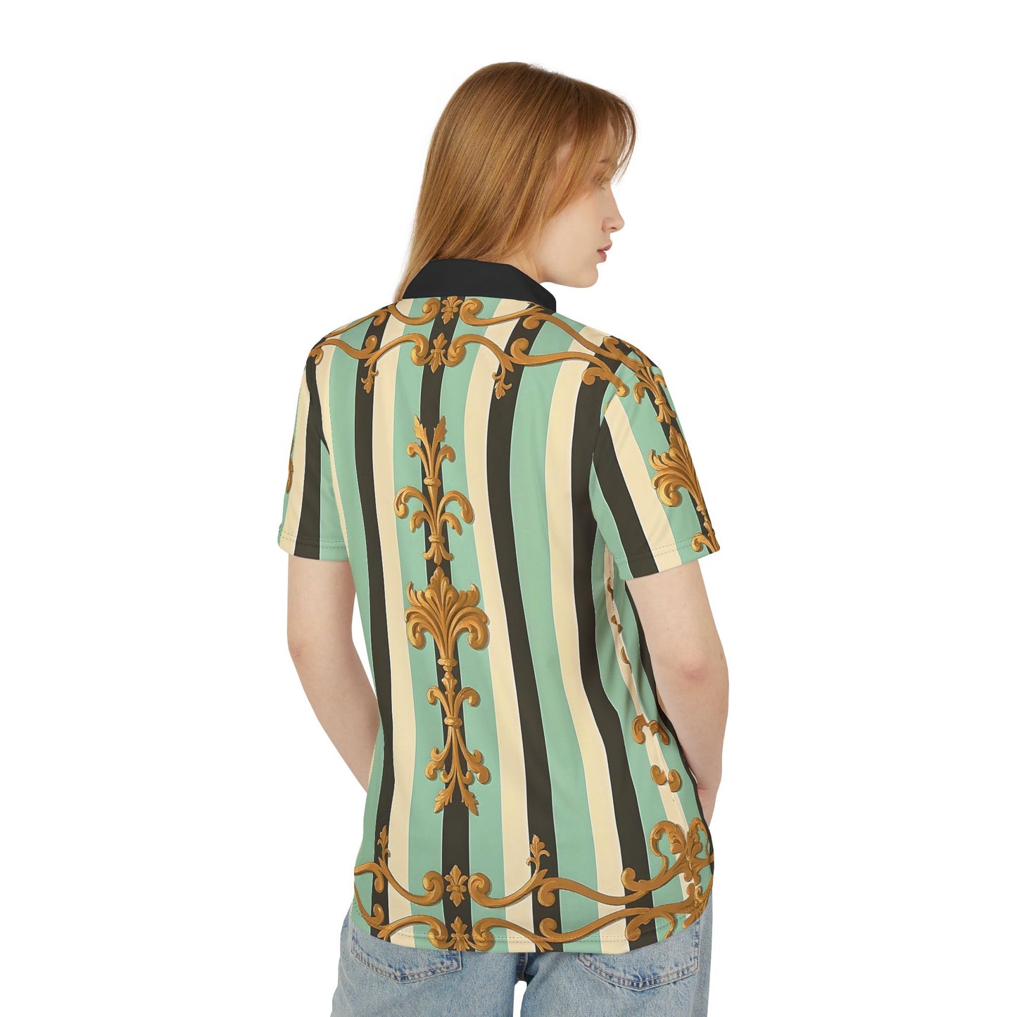 Stylish Unisex Polo Shirt with Vintage Stripe Design, Fashion Apparel, Casual Wear, Unique Gift for Him or Her - Black & Matte Mint Striped Rococo