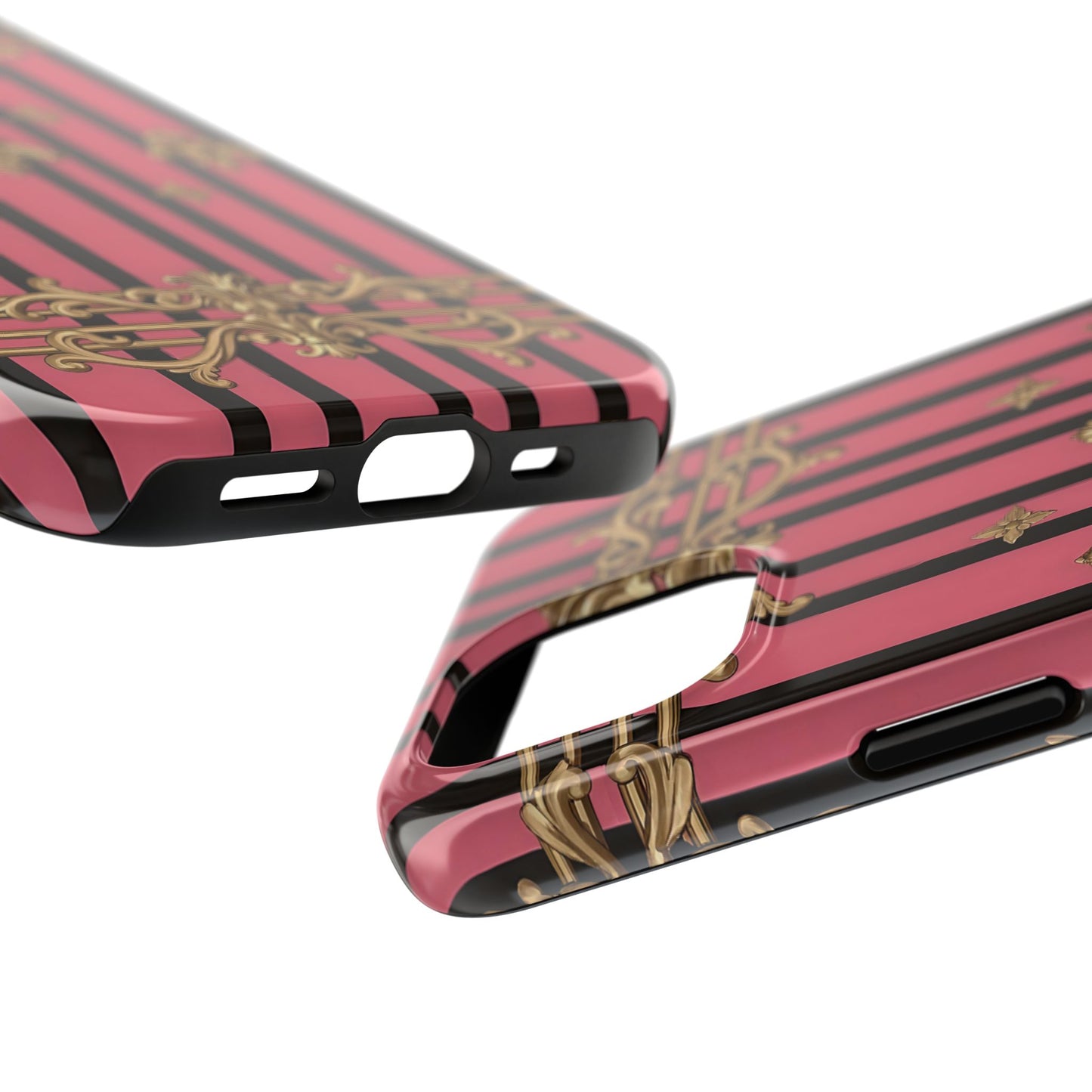 Elegant Floral Phone Cases, Stylish Protective Case for Trendy Individuals, Unique Gift for Tech Lovers, Phone Accessories - Pink Striped Gold Rococo