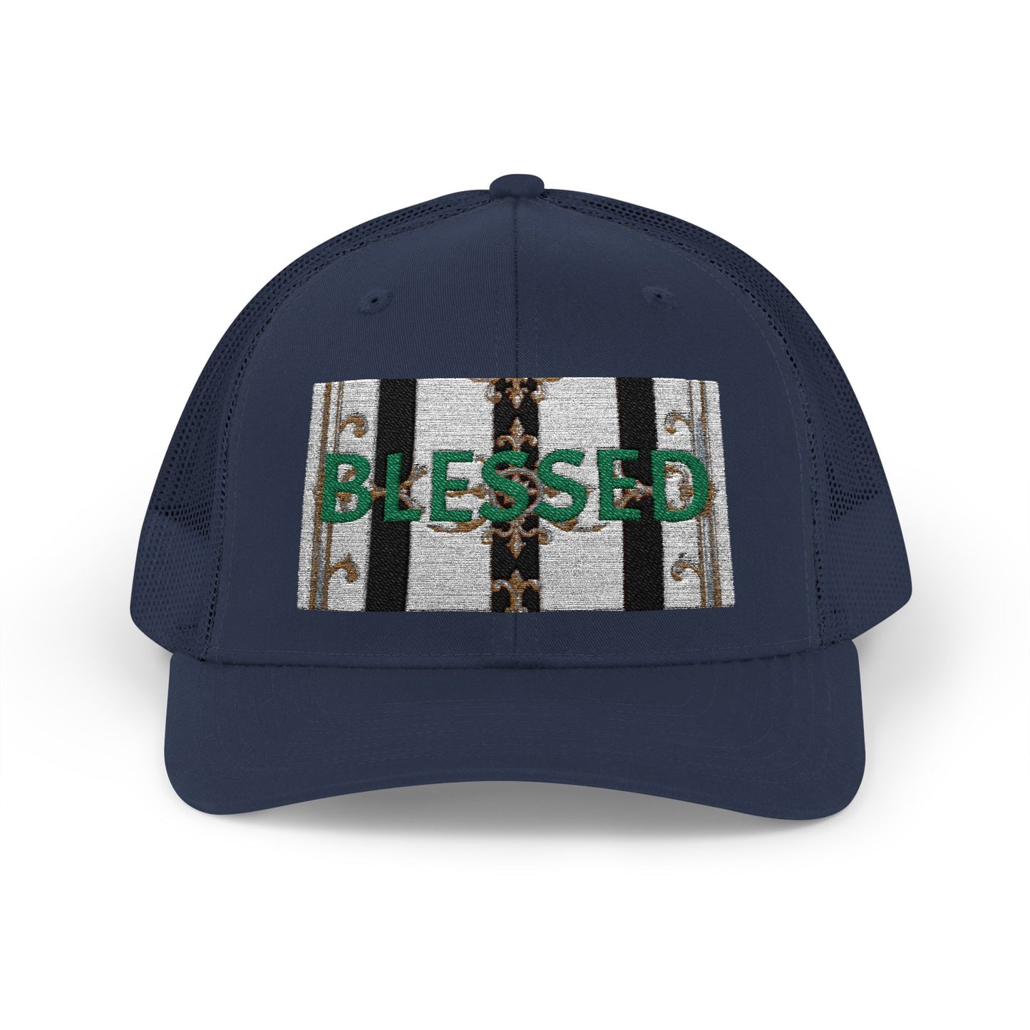 Blessed Snapback Trucker Cap | Casual Style, Outdoor Gear, Faith-Based Gift, Adjustable Hat, Everyday Fashion - Black & White Striped Gold Baroque