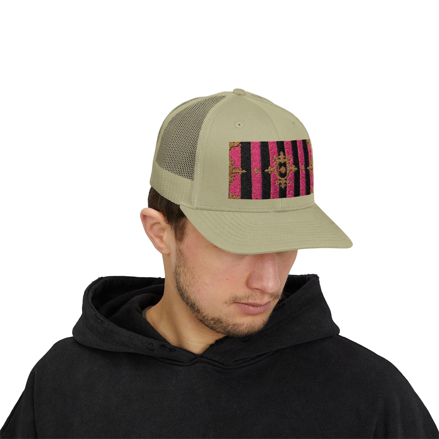 Stylish Snapback Trucker Cap with Black & Mauve Striped Gold Baroque, Trendy Fashion Hat, Perfect Gift for Him/Her