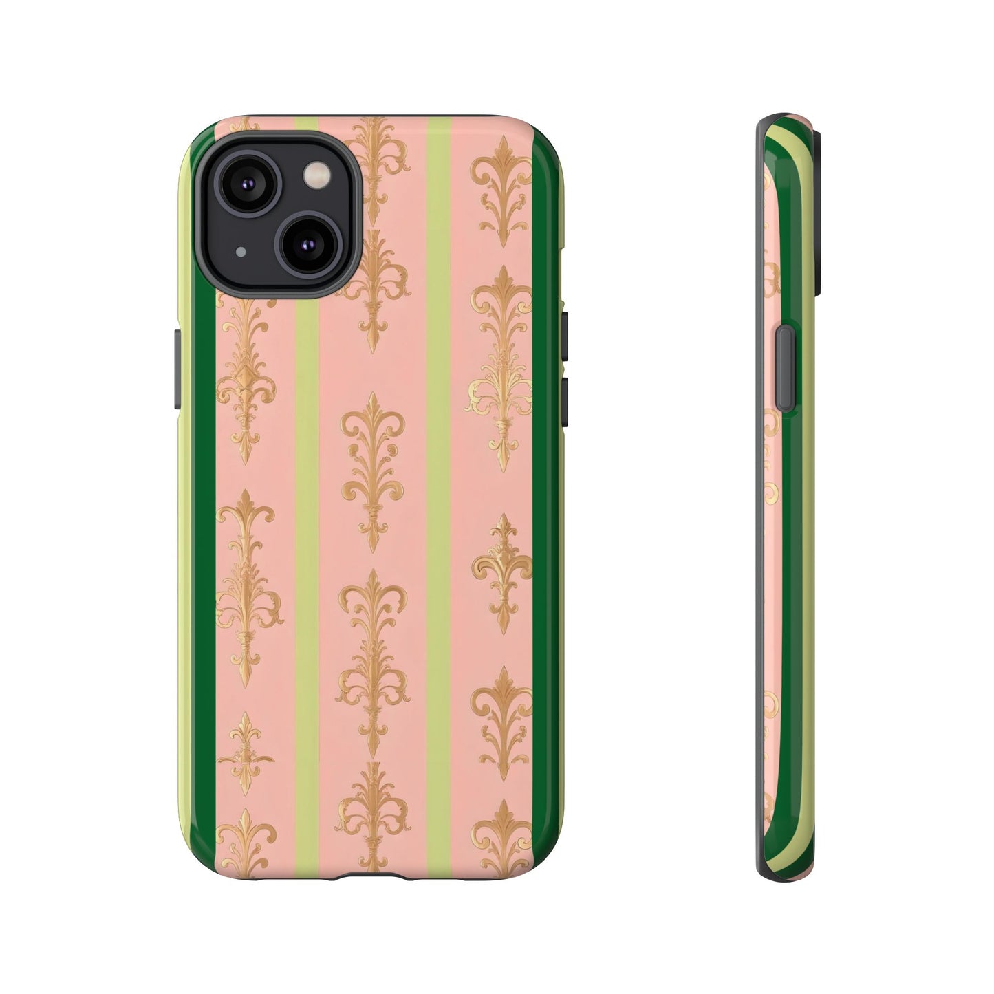 Elegant Floral Motif Phone Case - Tough Cases with Vintage Design - Lime Green & Pink Striped Damask