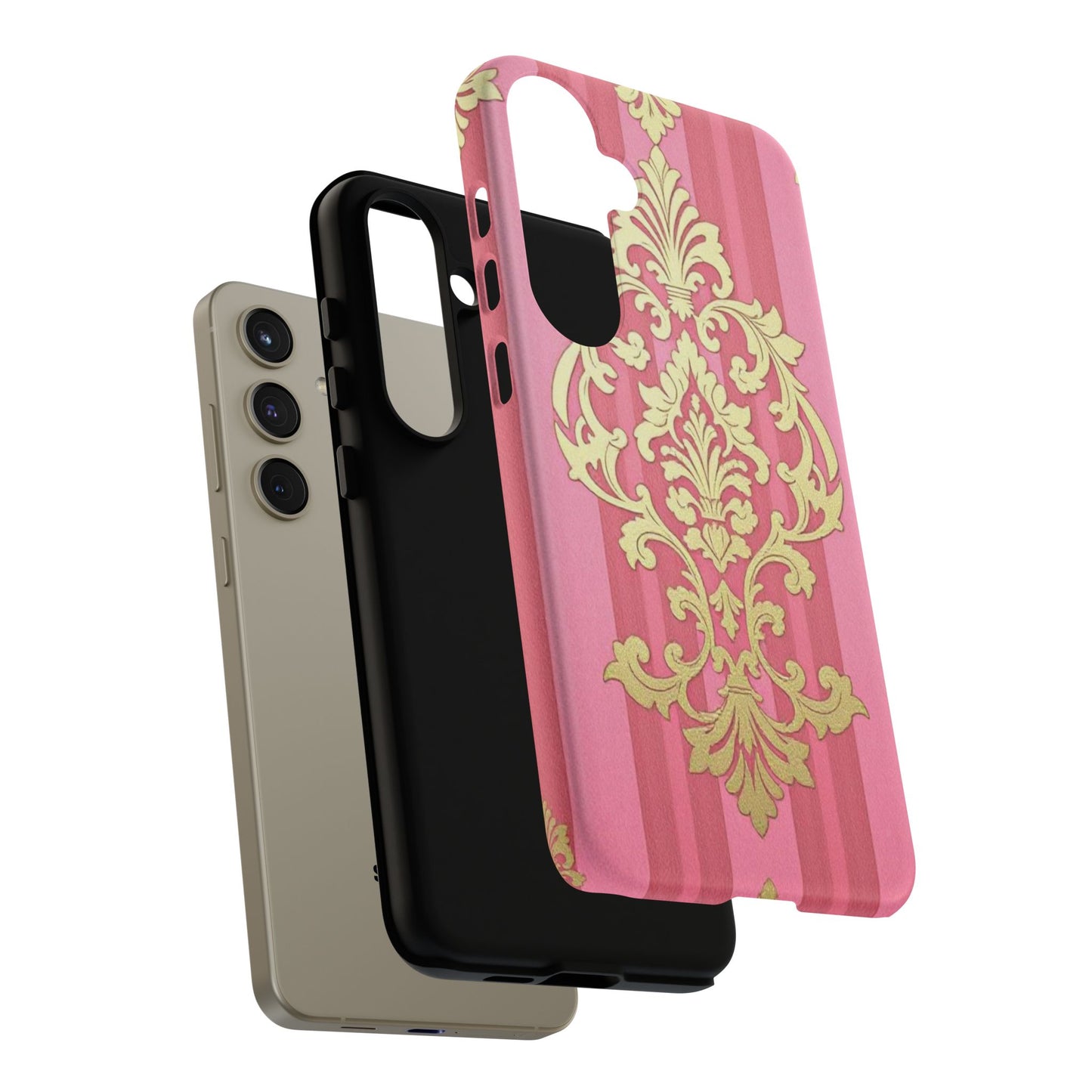 Elegant Floral Motif Phone Case - Tough Cases with Vintage Design - Pink Striped Damask