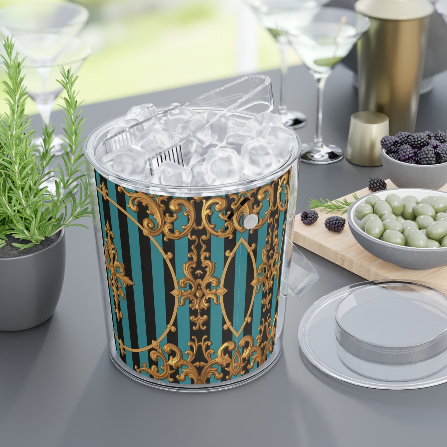 Elegant Turquoise & Black Striped Gold Baroque Ice Bucket with Tongs, Decorative Party Cooler, Barware Gift, Cocktail Accessory