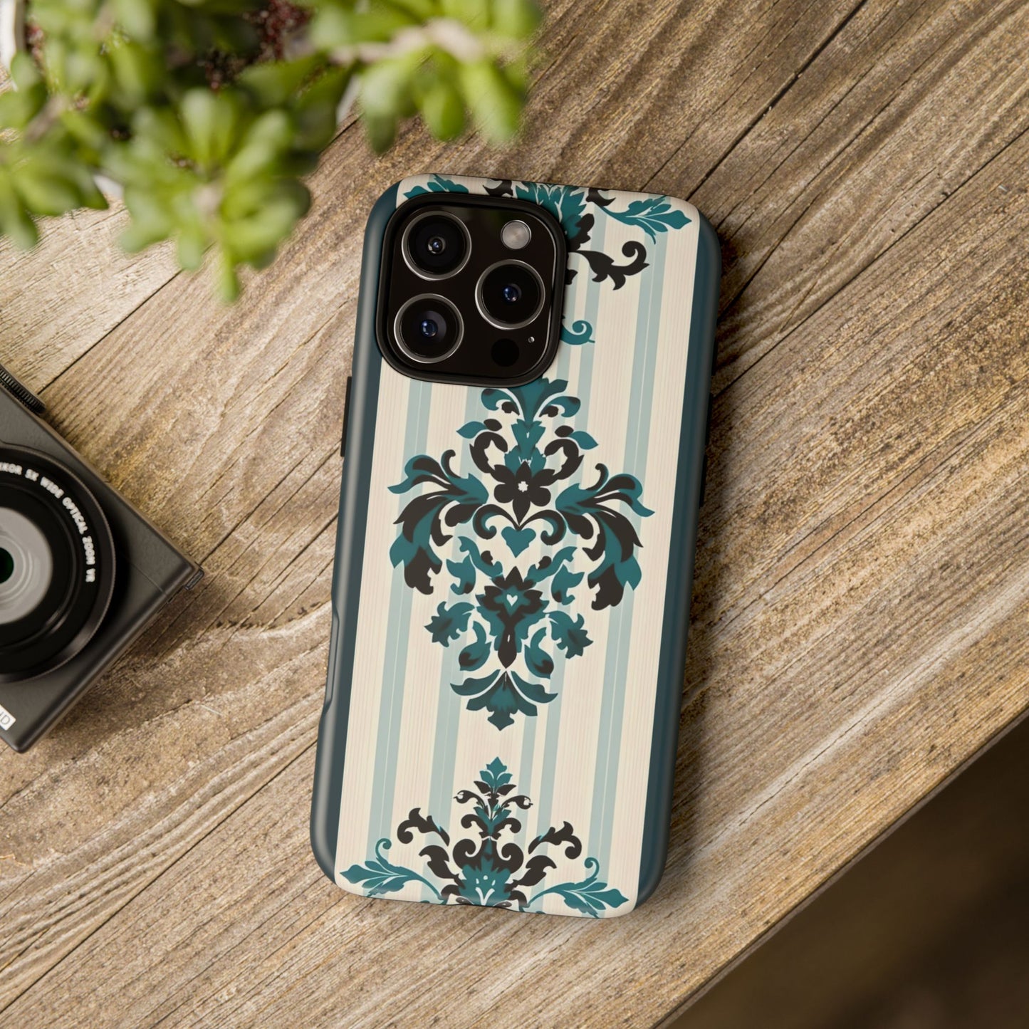 Elegant Floral Phone Case - Tough Cases with Vintage Design - Teal Striped Damask