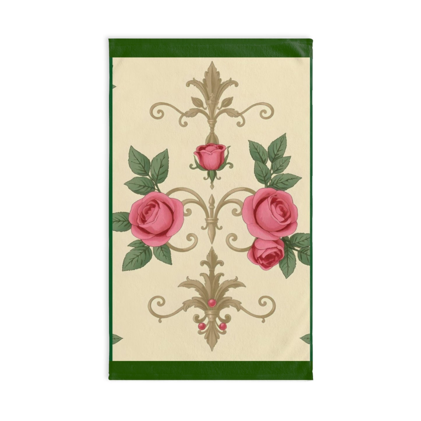 Luxurious Ornate Hand Towel - Elegant Home Décor - Green Border Roses & Damask