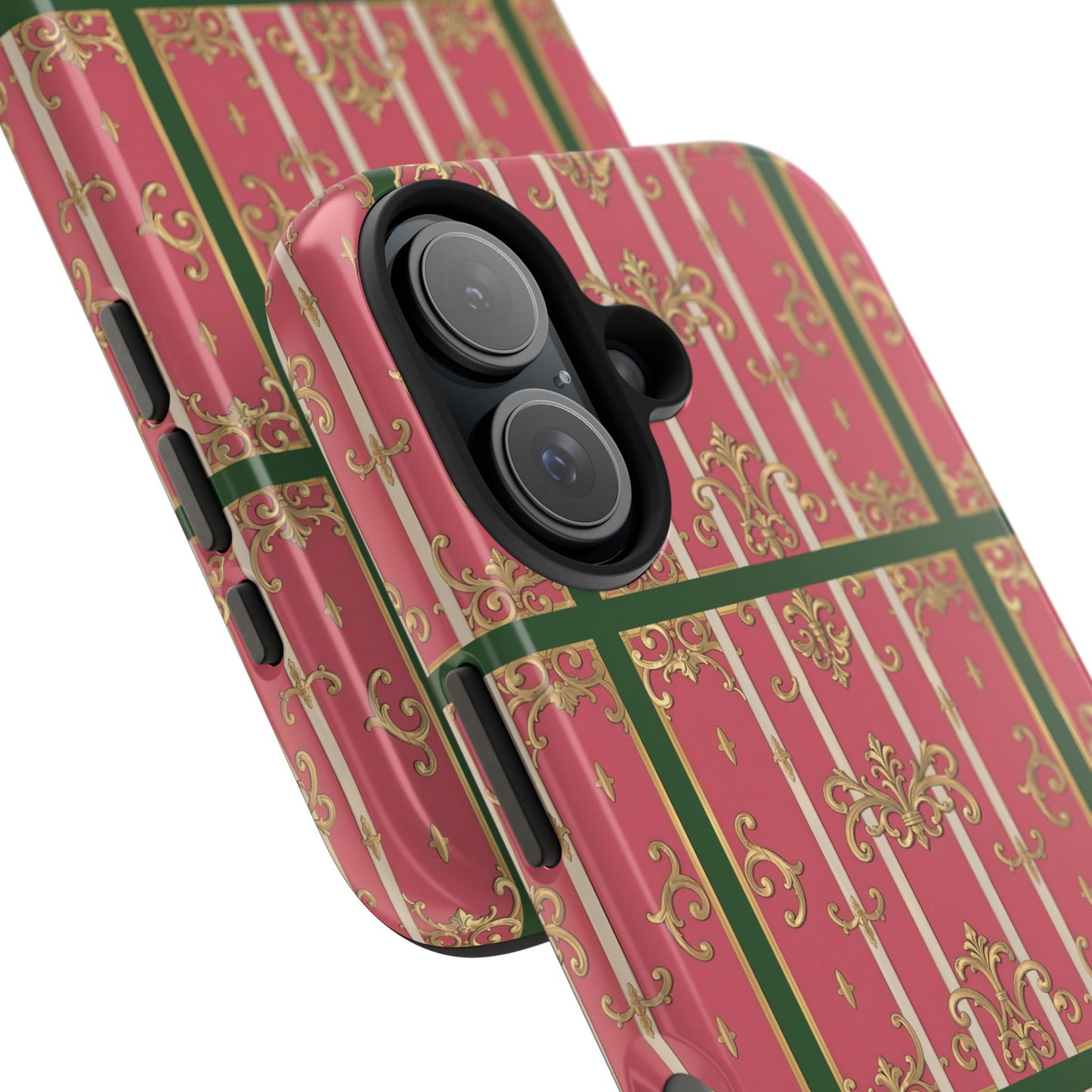 Elegant Green Border Pink Striped Baroque Phone Cases, Tough Phone Cases for Protection, Stylish Mobile Accessories, Gift for Her, Holiday Tech Gifts