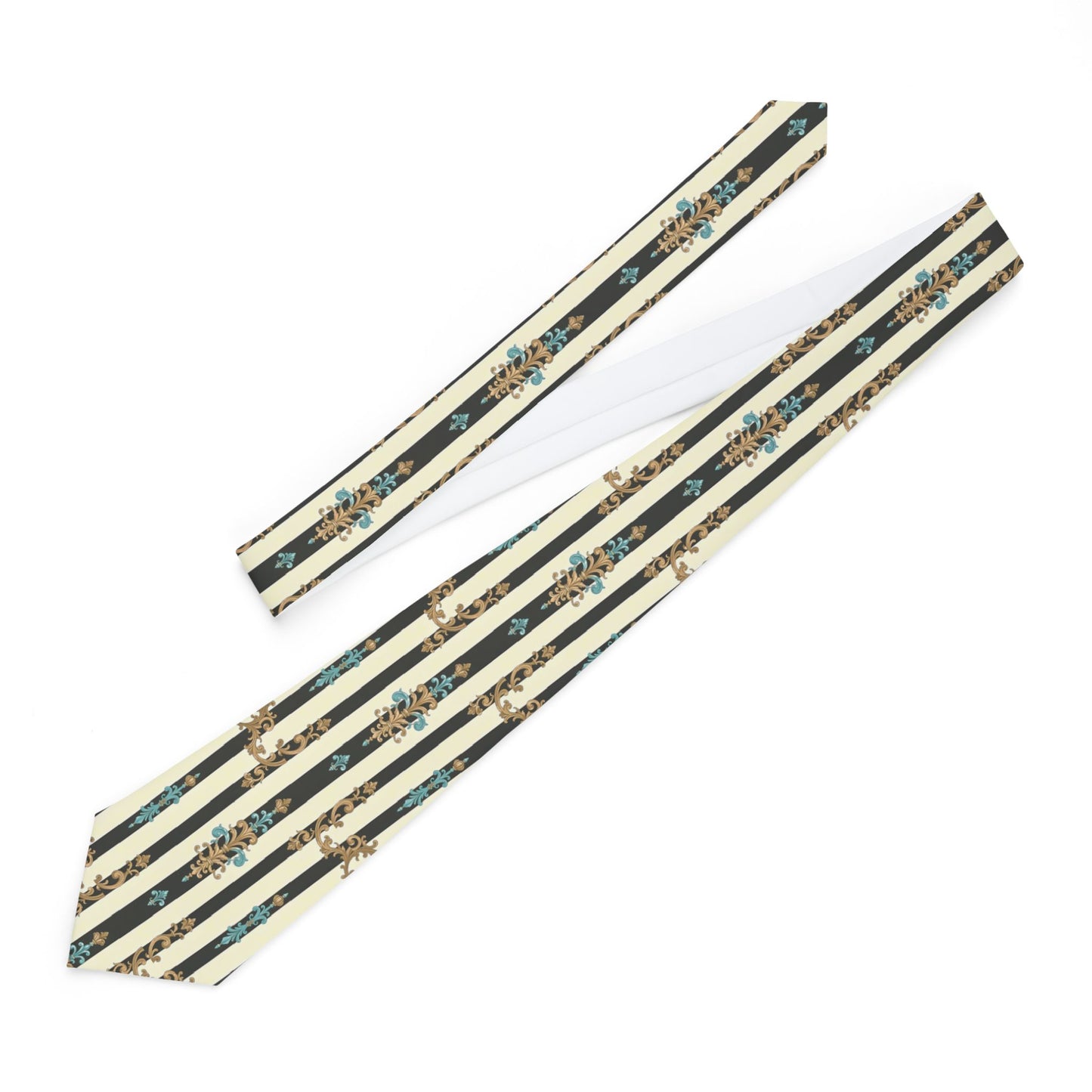 Stylish Necktie with Floral Stripes, Elegant Tie for Weddings, Business Meetings, Father's Day Gif - Black Striped Turquoise & Black Rococo