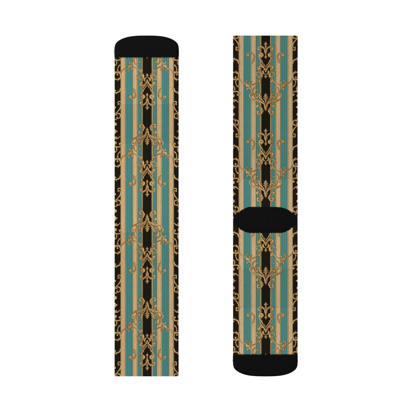 Stylish Black, Tan & Ocean Green Striped Gold Baroque Sublimation Socks, Unique Fashion Footwear, Trendy Gift for Fashion Lovers