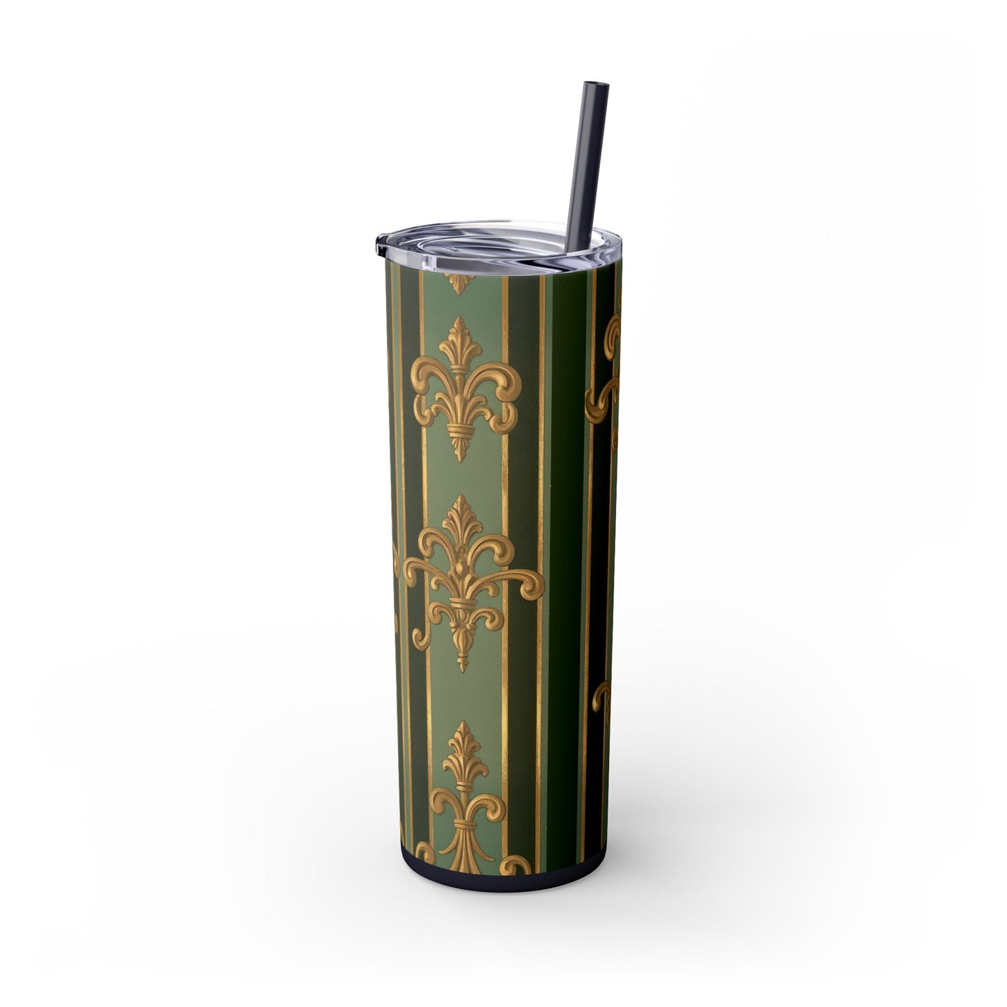 Elegant Green Striped Skinny Tumbler, 20oz Travel Mug, Reusable Cup, Perfect for Gifts, Parties, Home Decor - Green Striped Gold Baroque