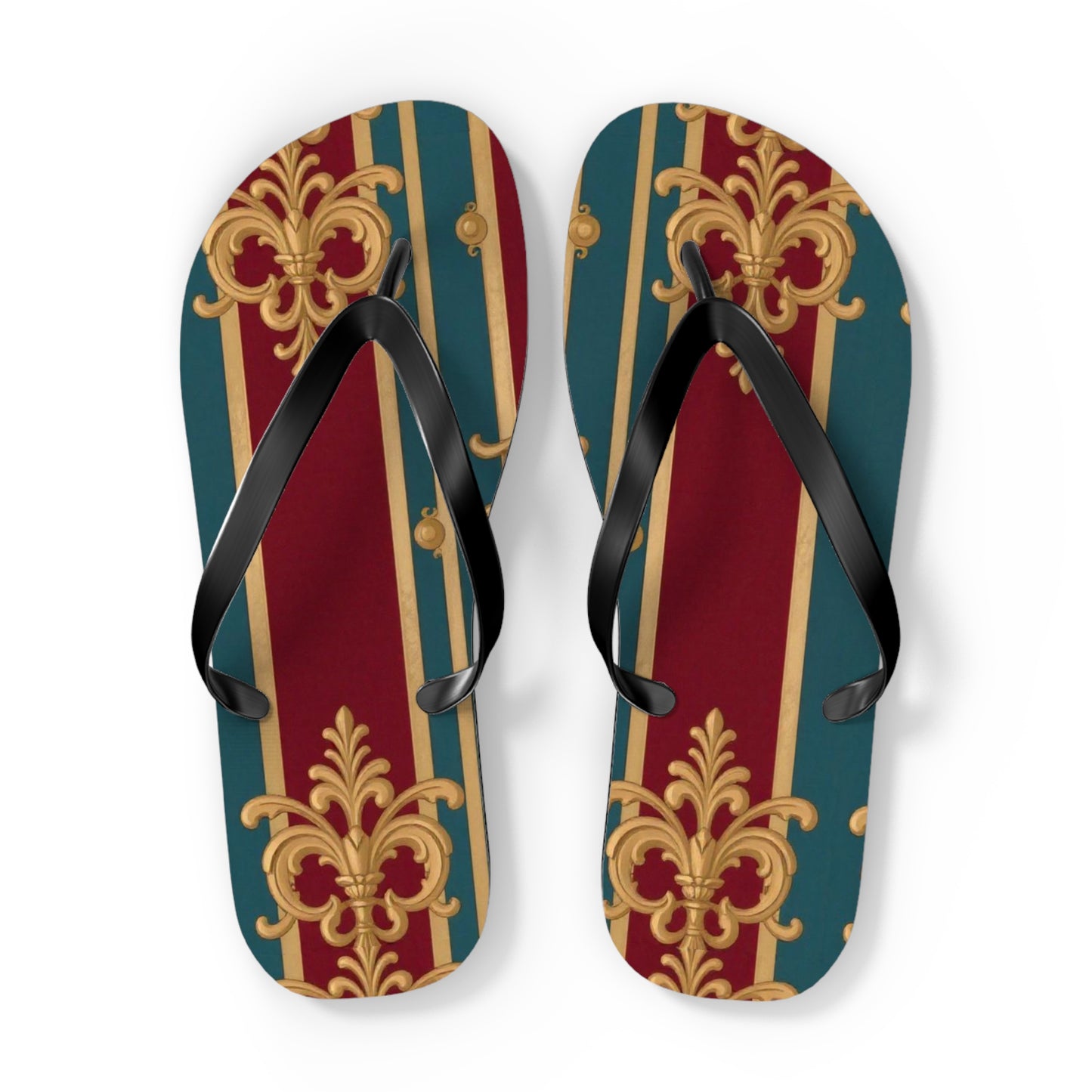 Elegant Floral Pattern Flip Flops, Stylish Beach Footwear, Summer Accessories, Vacation Sandals - Burgundy Striped Gold Baroque