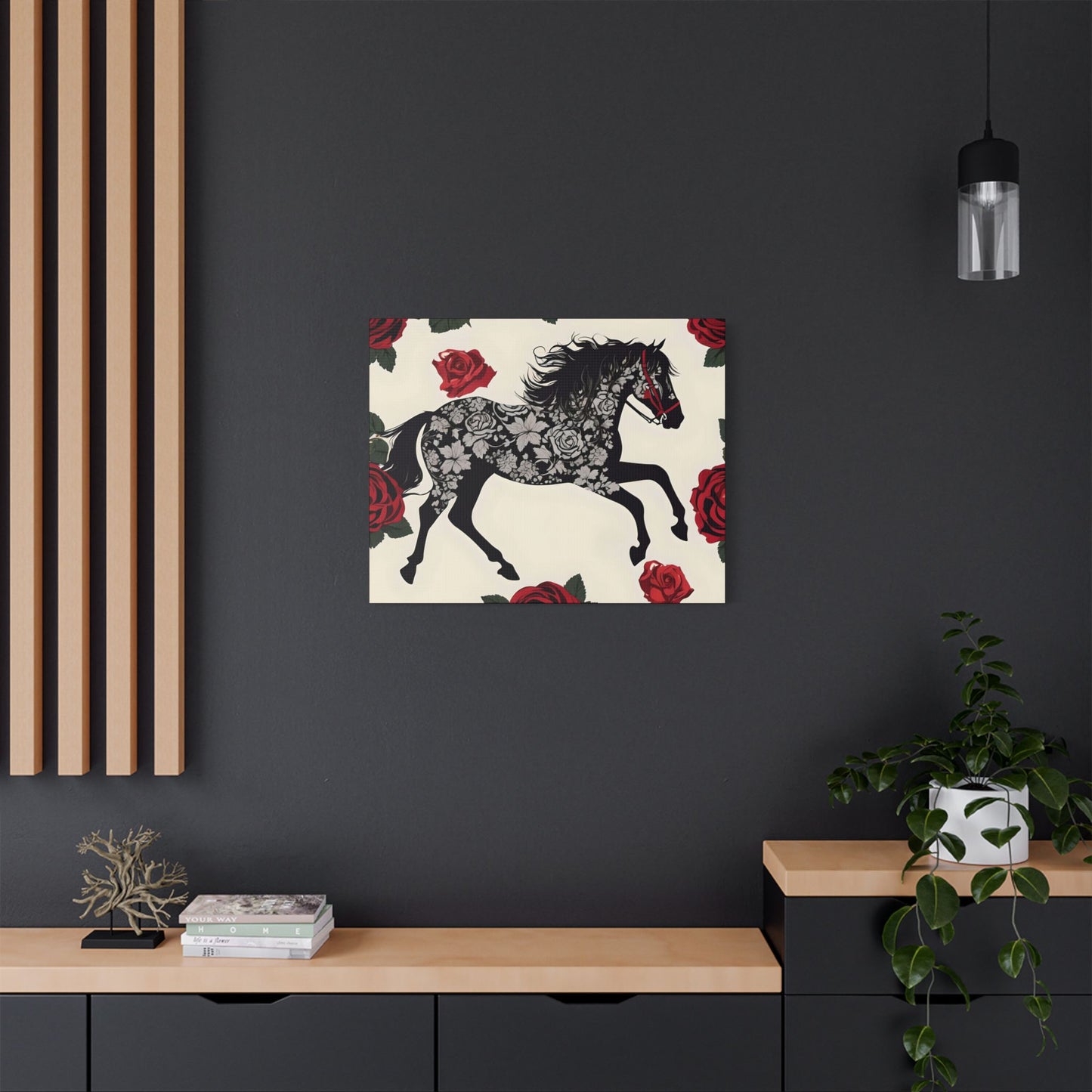 Art Print Canvas, Wall Decor, Satin Stretched Canvas, Equestrian Art, Office Decor, Home Decor - Horse & Roses