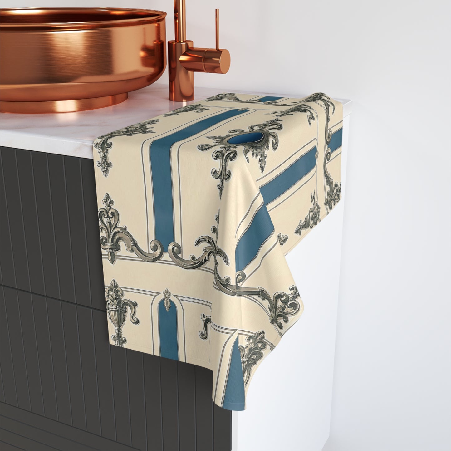 Elegant Vintage Hand Towel with Ornate Design - Alabaster & Ocean Blue Baroque