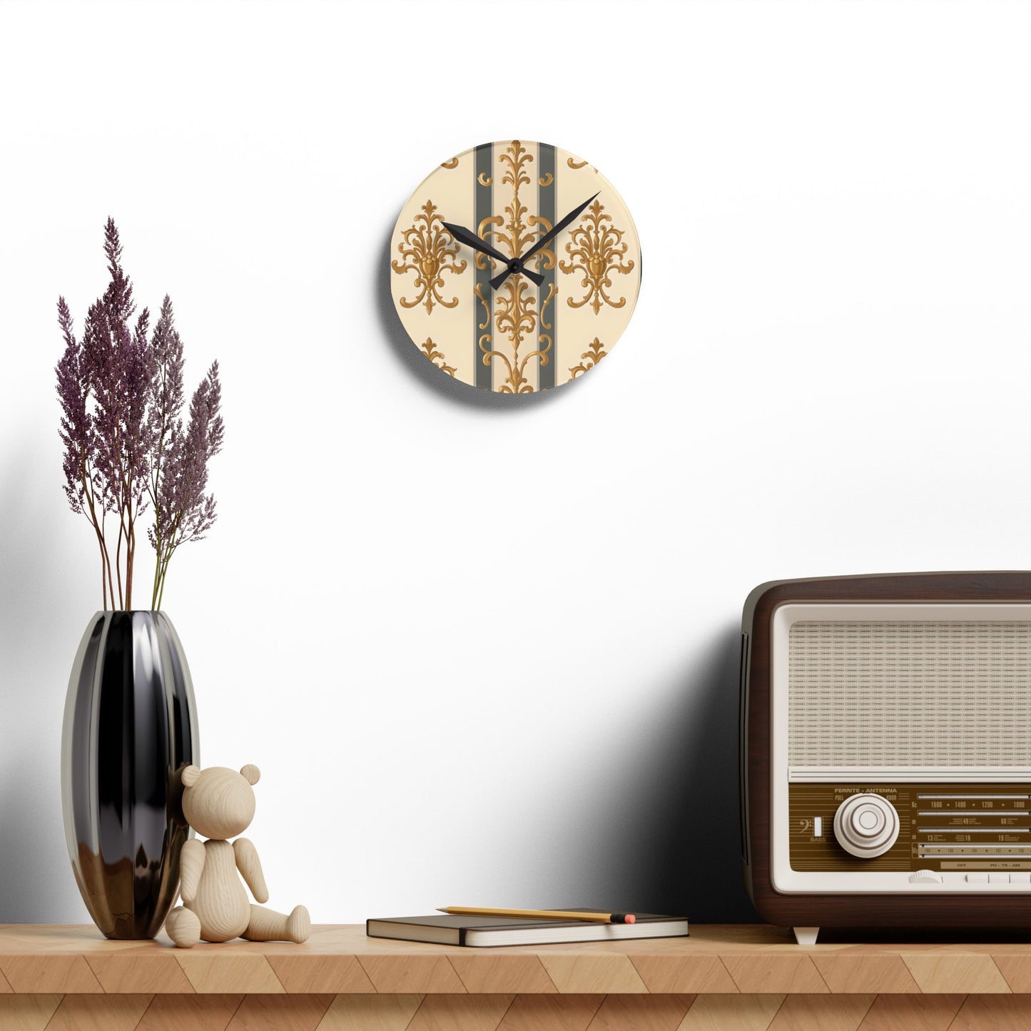 Bohemian Damask-Inspired Acrylic Wall Clock with Floral Design - Dusk Olive Striped Gold Damask