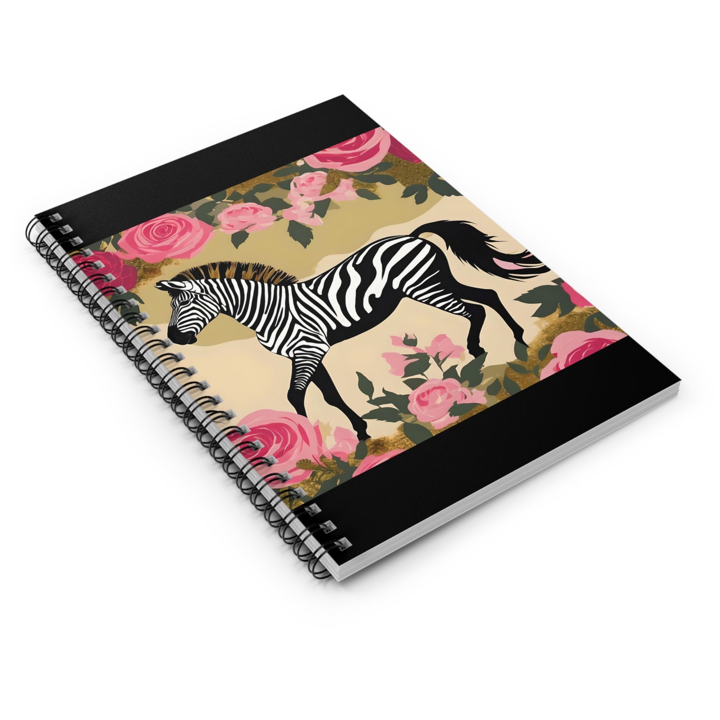 Elegant Vintage Spiral Notebook - Ruled Line with Zebra In Olive & Pink Roses