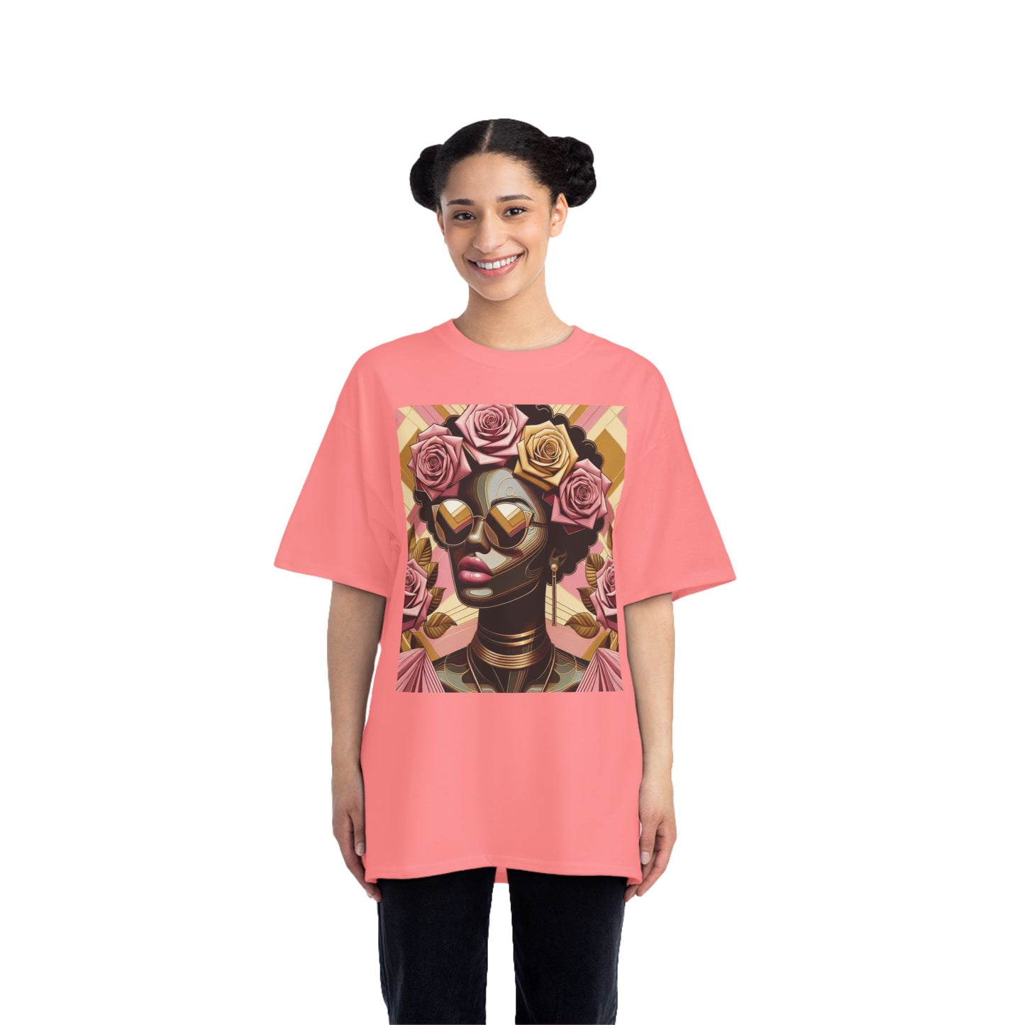 Artistic Floral Feminine T-Shirt, Stylish Tee with Mixed Media Design, Vibrant Short-Sleeve Top, Trendy Casual Wear - Pink Roses Lady