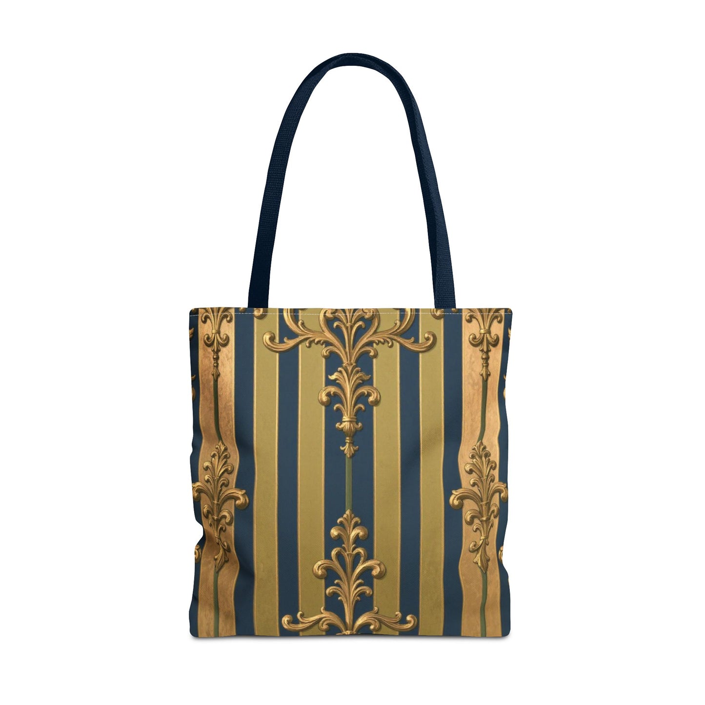 Elegant Midnight Blue & Olive Striped Gold Baroque Golden Striped Tote Bag, Stylish Shopping Bag, Trendy Handbag, Chic Gift for Her