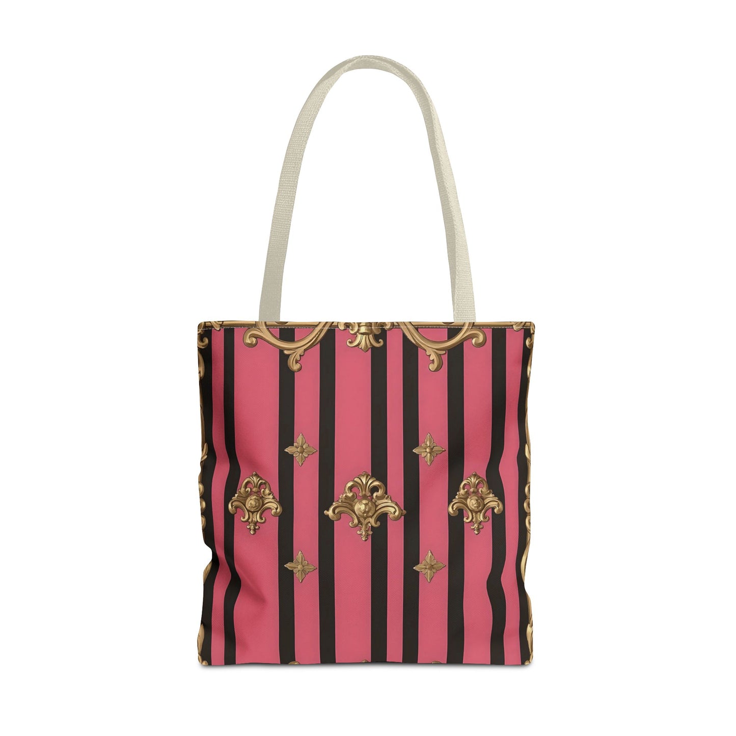 Chic Floral Tote Bag - Elegant Reusable Shopping Bag, Fashion Accessory, Gift for Her, Everyday Use, Eco-Friendly - Pink Striped Gold Rococo