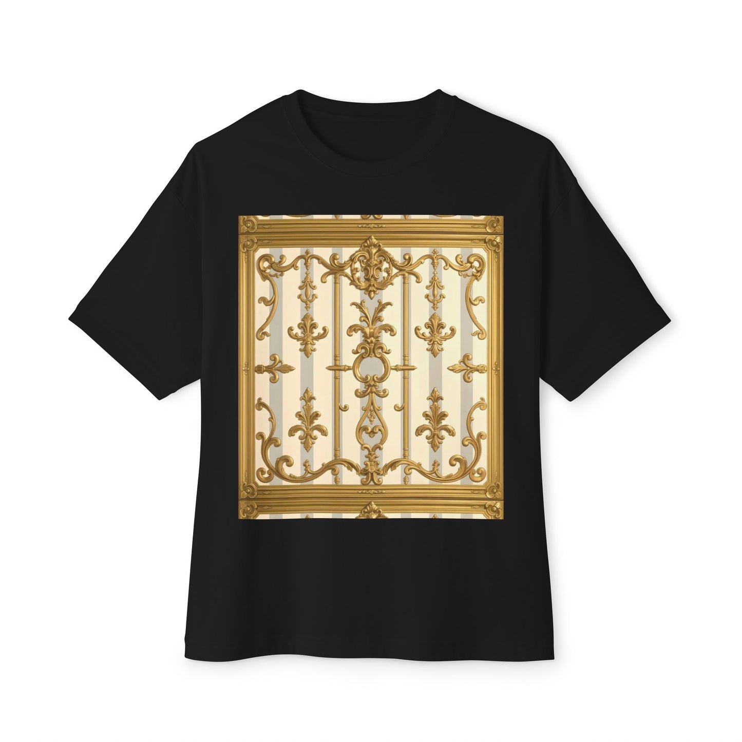 Golden Art Unisex Oversized Tee, Graphic Tee, Trendy Streetwear, Casual Shirt - Matte Gray & Cream Striped Gold Baroque