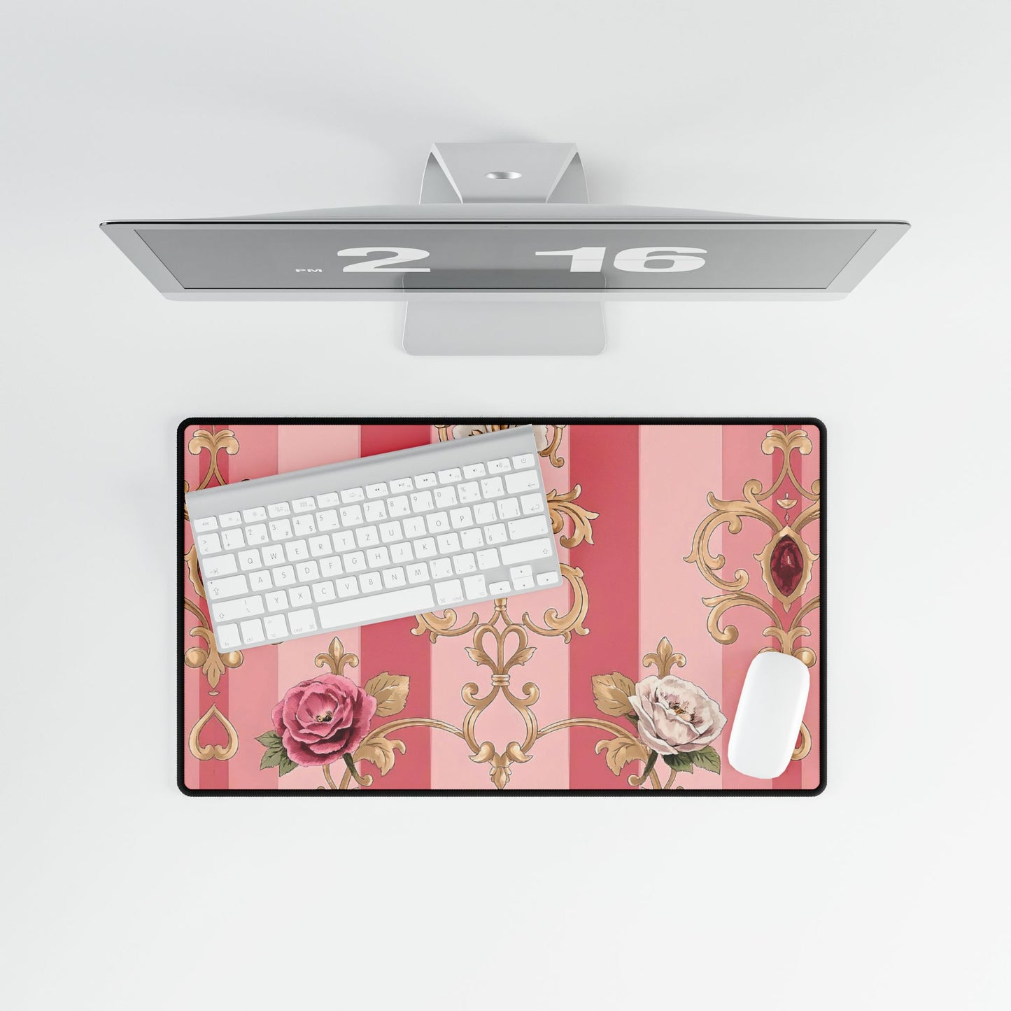 Elegant Floral Motif Desk Mat for Home Office Decor - Pink Striped Roses & Damask