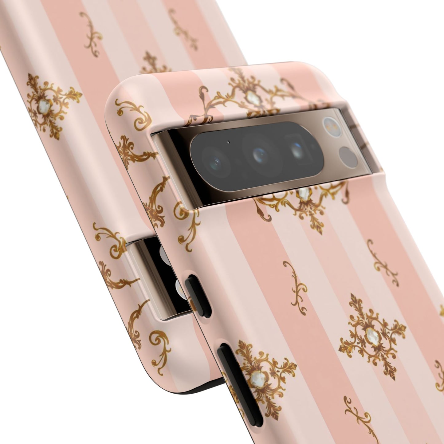 Elegant Floral Phone Case, Tough Cases for Women, Trendy Phone Cover, Chic Gift - Pink Jeweled Striped Gold Baroque
