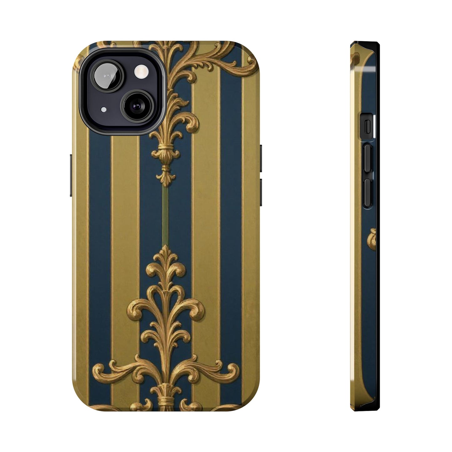 Elegant Midnight Blue & Olive Striped Gold Baroque Tough Phone Case, Phone Cover, Durable Case for Protection, Stylish Gift for Him/Her