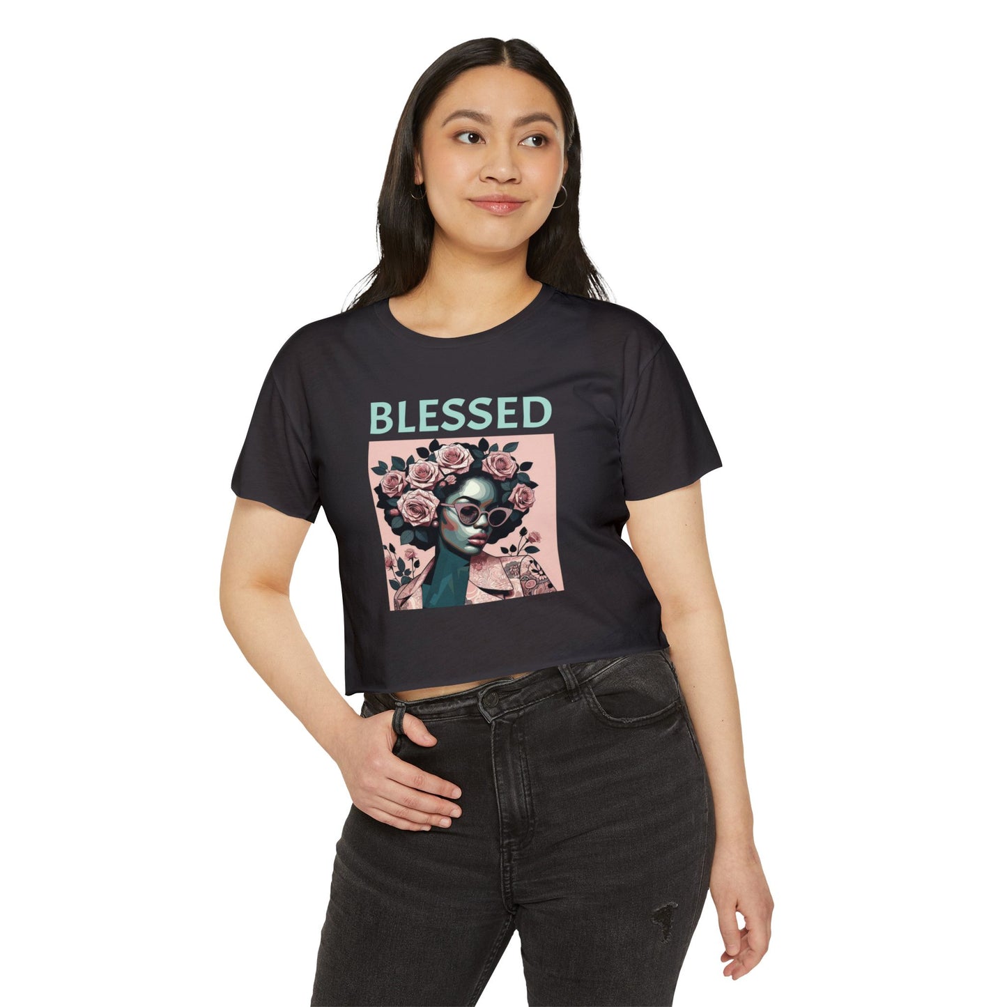 Women's Festival Crop Top - Blessed Graphic Tee, Boho Style Shirt, Summer Outfit, Gift for Her, Festival Wear, Trendy Casual Top - Mint Lettering