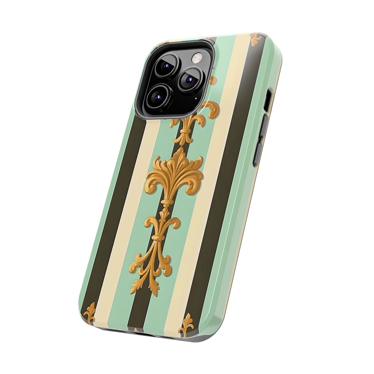 Elegant Floral Tough Phone Cases - Stylish Protection for All Occasions, Gifts for Her, Phone Covers - Black & Matte Mint Striped Rococo