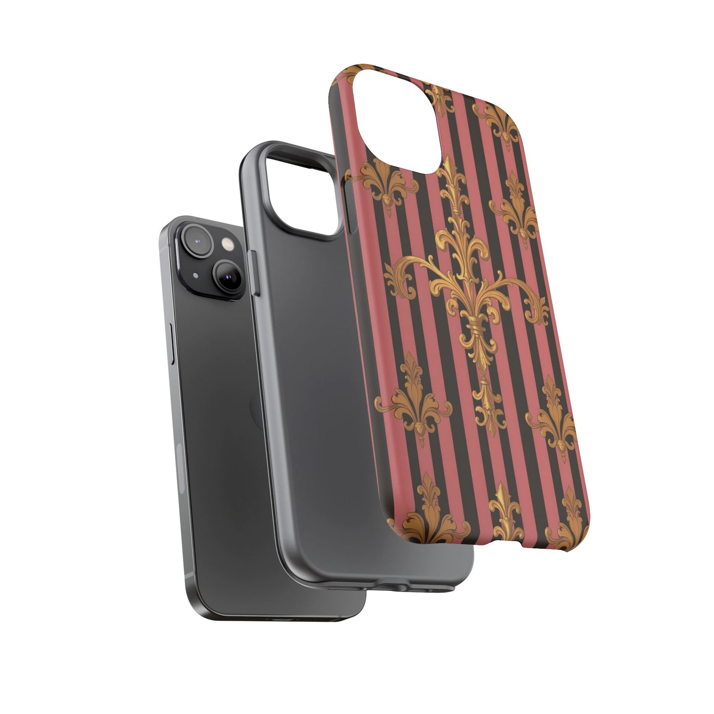 Elegant Floral Motif Phone Case - Tough Cases with Vintage Design - Mauve Striped Gold Damask