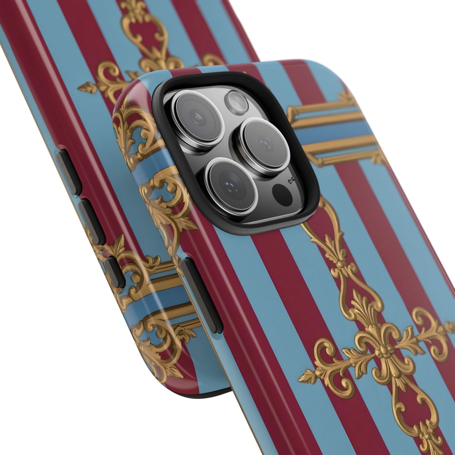 Elegant Patterned Tough Phone Cases, Stylish Phone Cover, Durable Phone Protection, Unique Gift Idea - Sky Blue & Maroon Striped Baroque