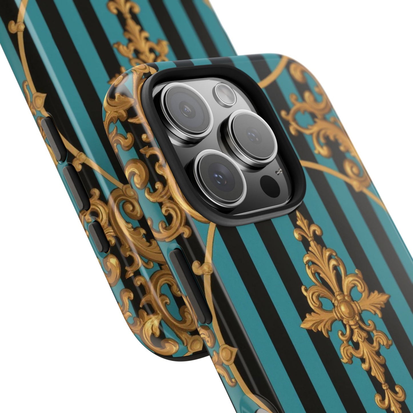 Elegant Turquoise & Black Striped Gold Baroque Phone Case, Tough Phone Cases for Fashion Lovers, Gift for Her, Luxury Accessories