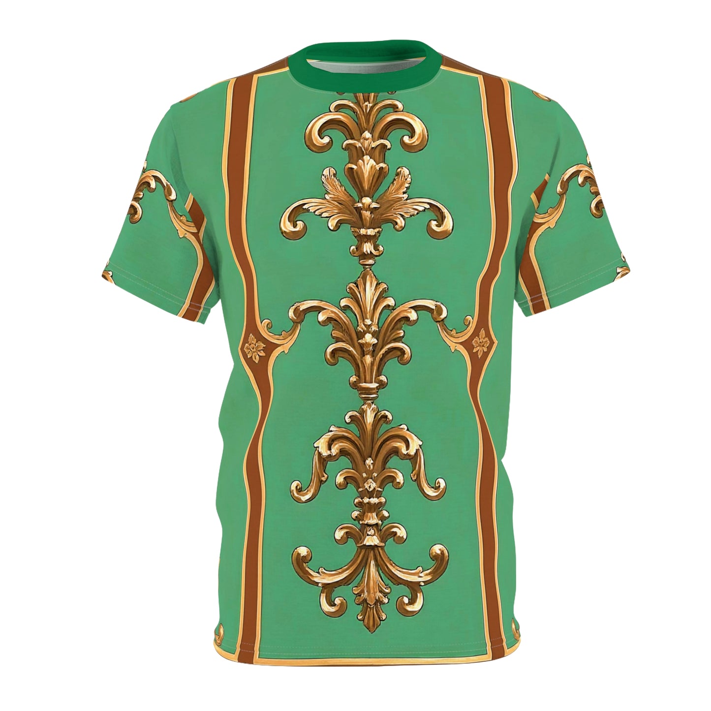 Luxurious AOP Unisex Cut & Sew Tee, Vintage Pattern Tee, Unique Graphic T-shirt, Fashion Statement Top - Rust & Green Striped Baroque
