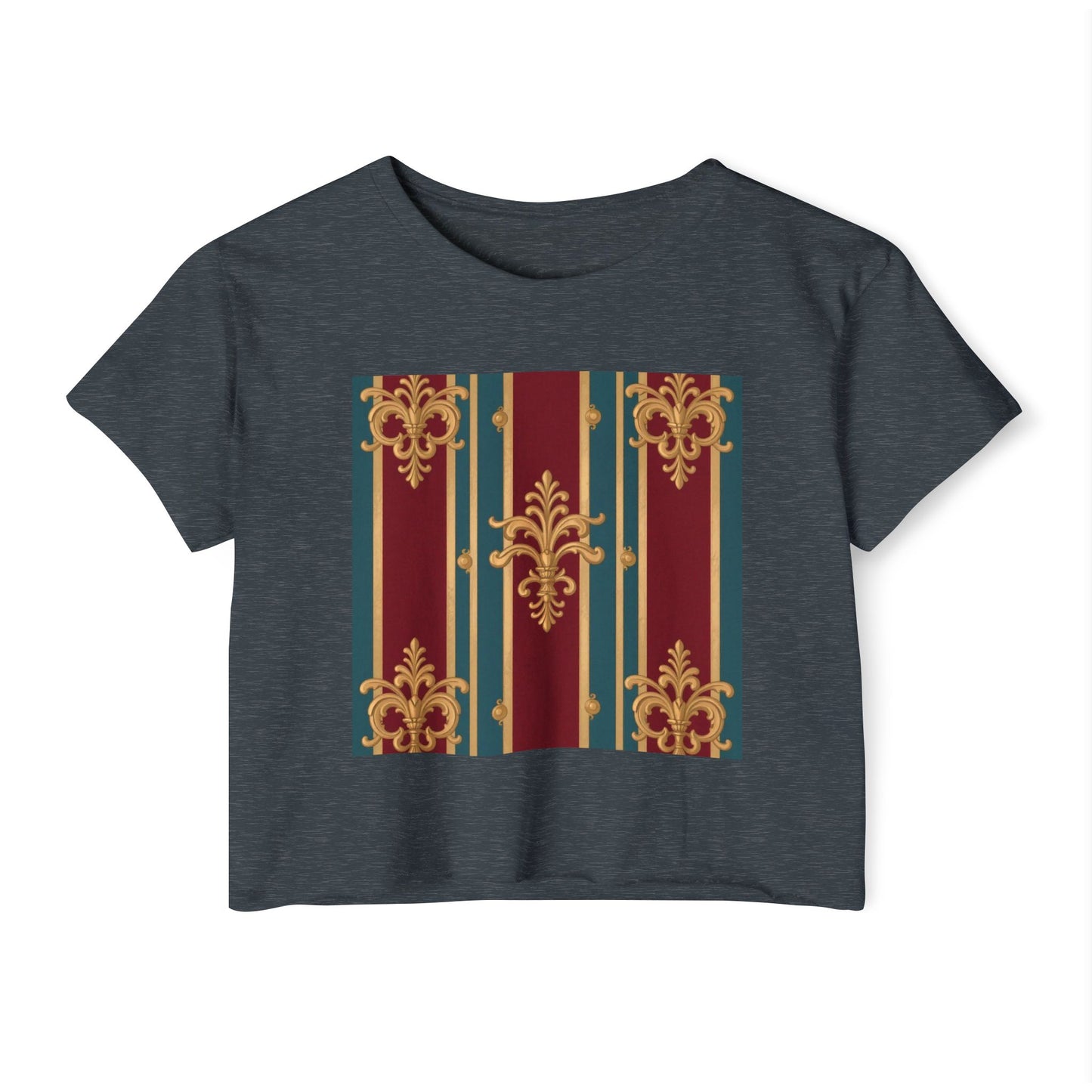 Baroque Chic Festival Crop Top | Women’s Floral Summer Tee, Outdoor Concert Wear, Vacation Top - Burgundy Striped Gold Baroque