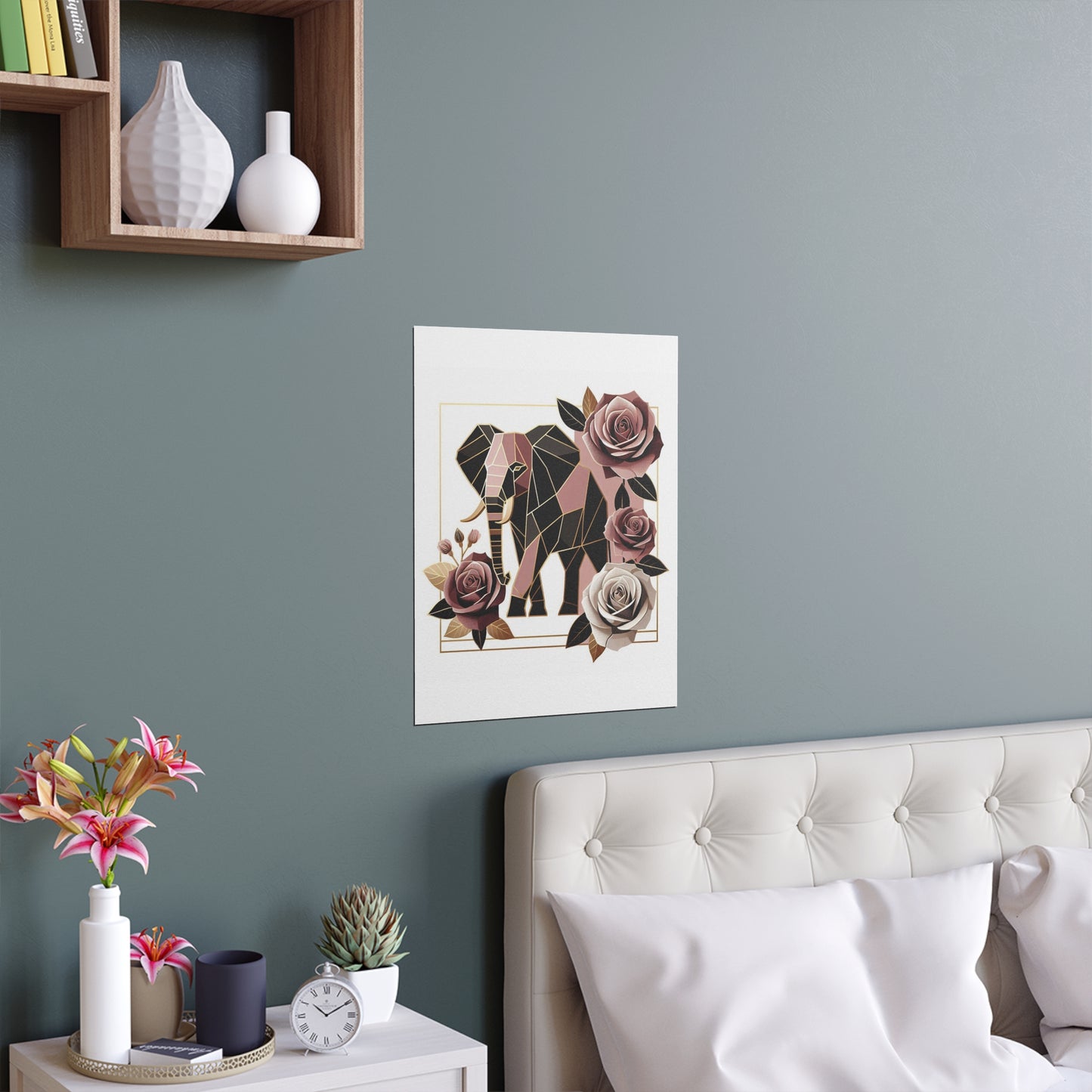 Elegant Floral Silk Poster - Indoor/Outdoor Wall Art for Home Decor - Brown & Mauve Elephant & Roses