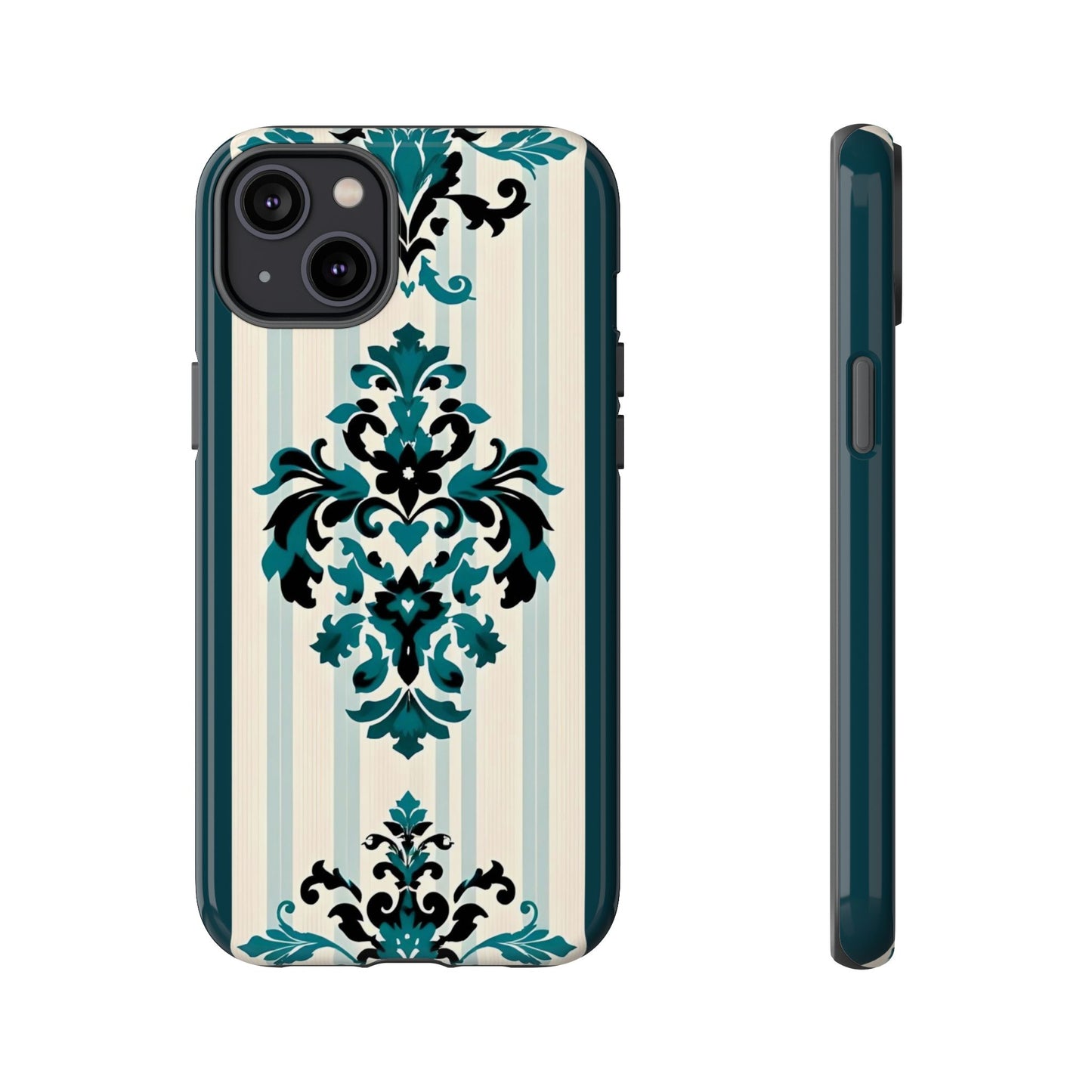 Elegant Floral Phone Case - Tough Cases with Vintage Design - Teal Striped Damask