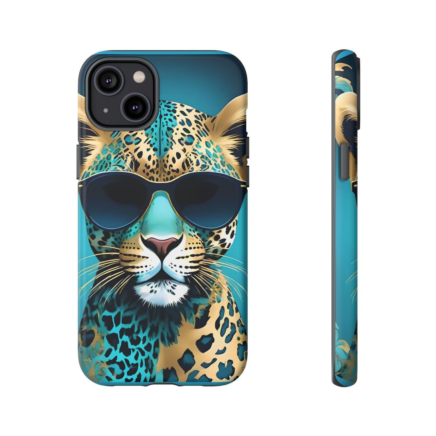 Phone Case - Aqua & Gold Leopard In Sunglasses Design
