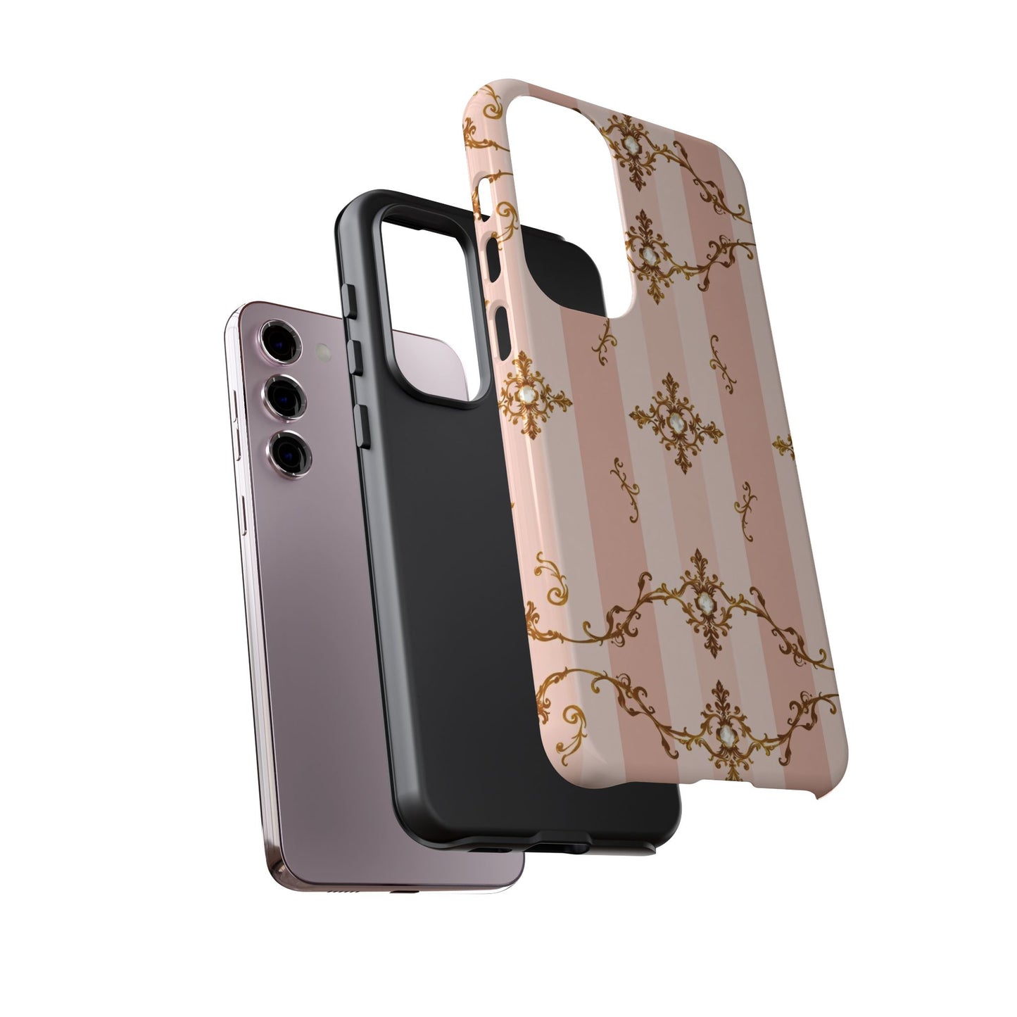 Elegant Floral Phone Case, Tough Cases for Women, Trendy Phone Cover, Chic Gift - Pink Jeweled Striped Gold Baroque