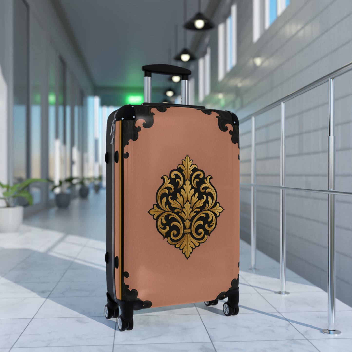 Mauve & Black-Gold Baroque Carry-On Suitcase with Elegant Gold Baroque Design — Vintage Travel Luggage
