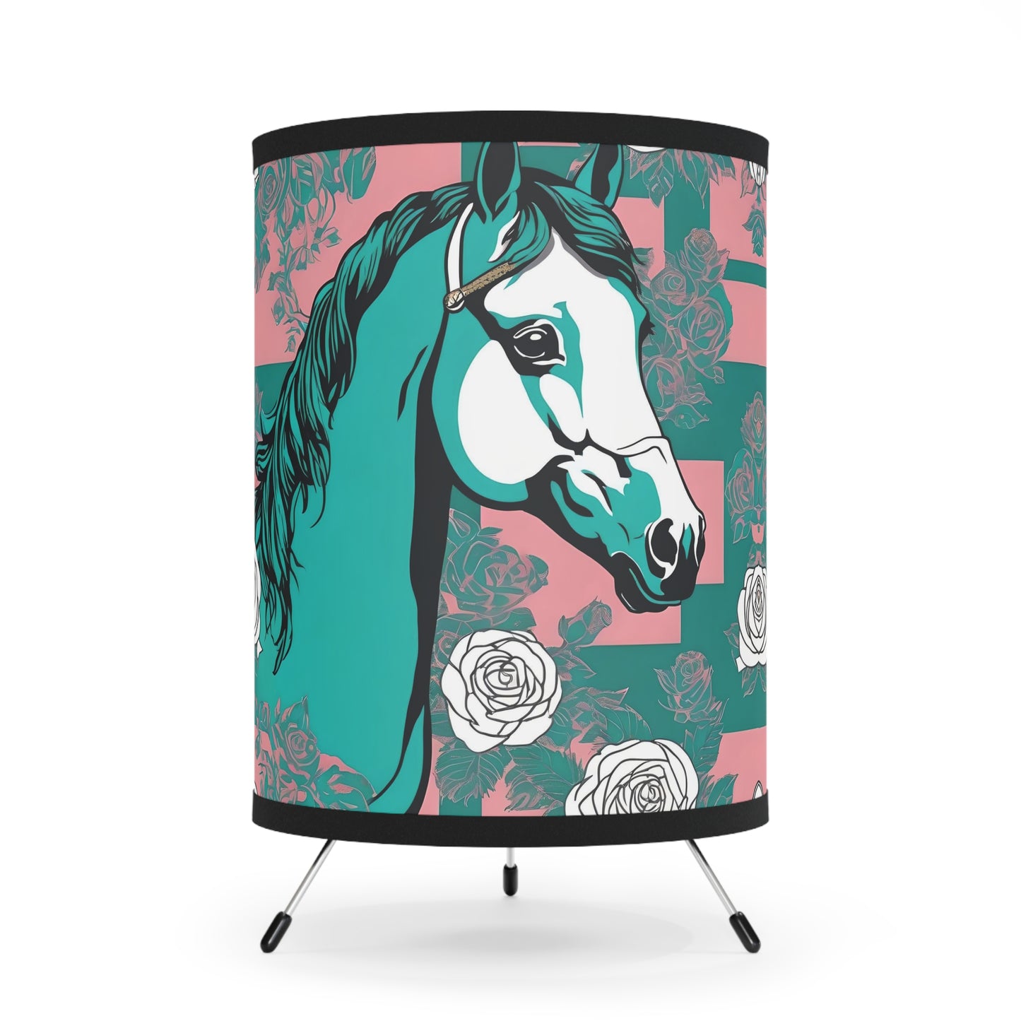 Tripod Lamp - Elegant Vintage Floral Print Home Accent - Teal & White Horse