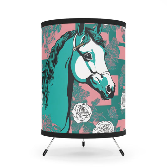 Tripod Lamp - Elegant Vintage Floral Print Home Accent - Teal & White Horse