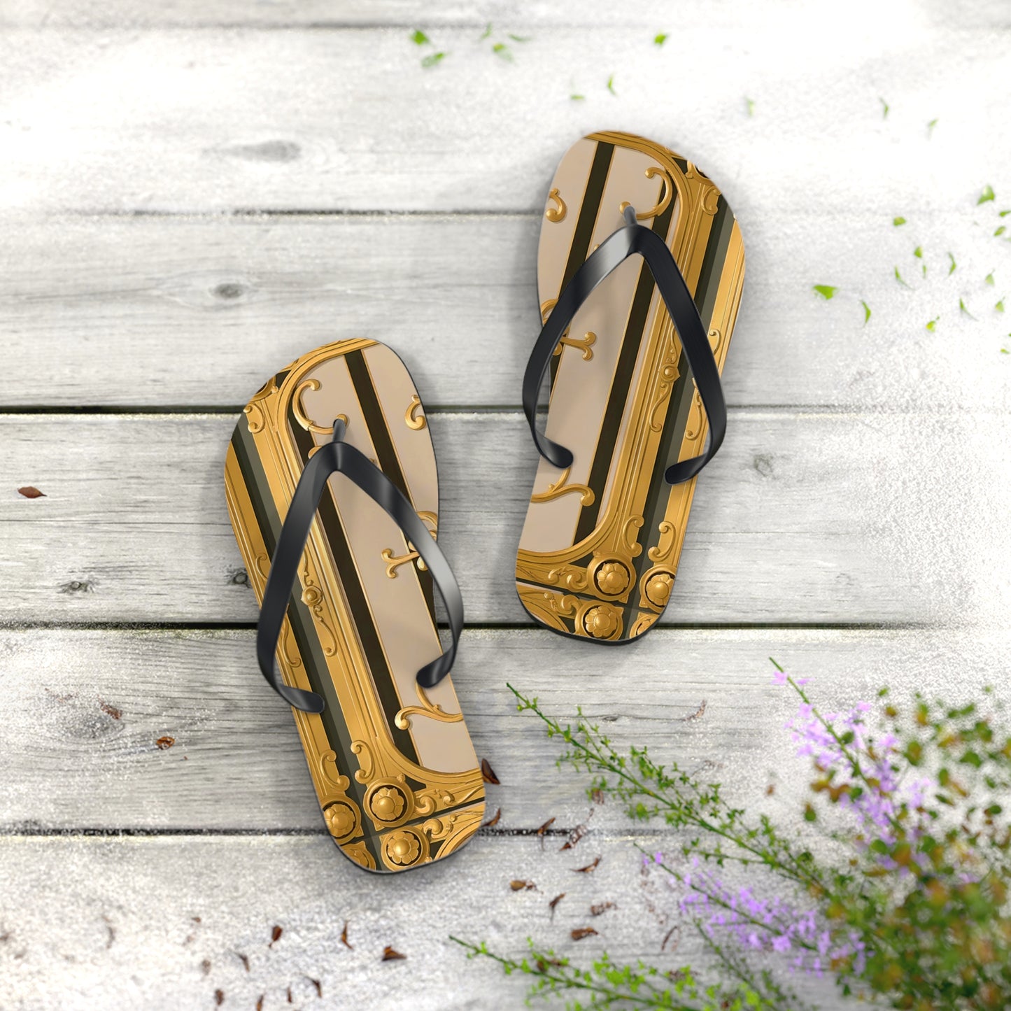 Elegant Golden Flip Flops, Summer Footwear, Beach Sandals, Vacation Essentials, Gift for Her - Beige Striped Gold Rococo