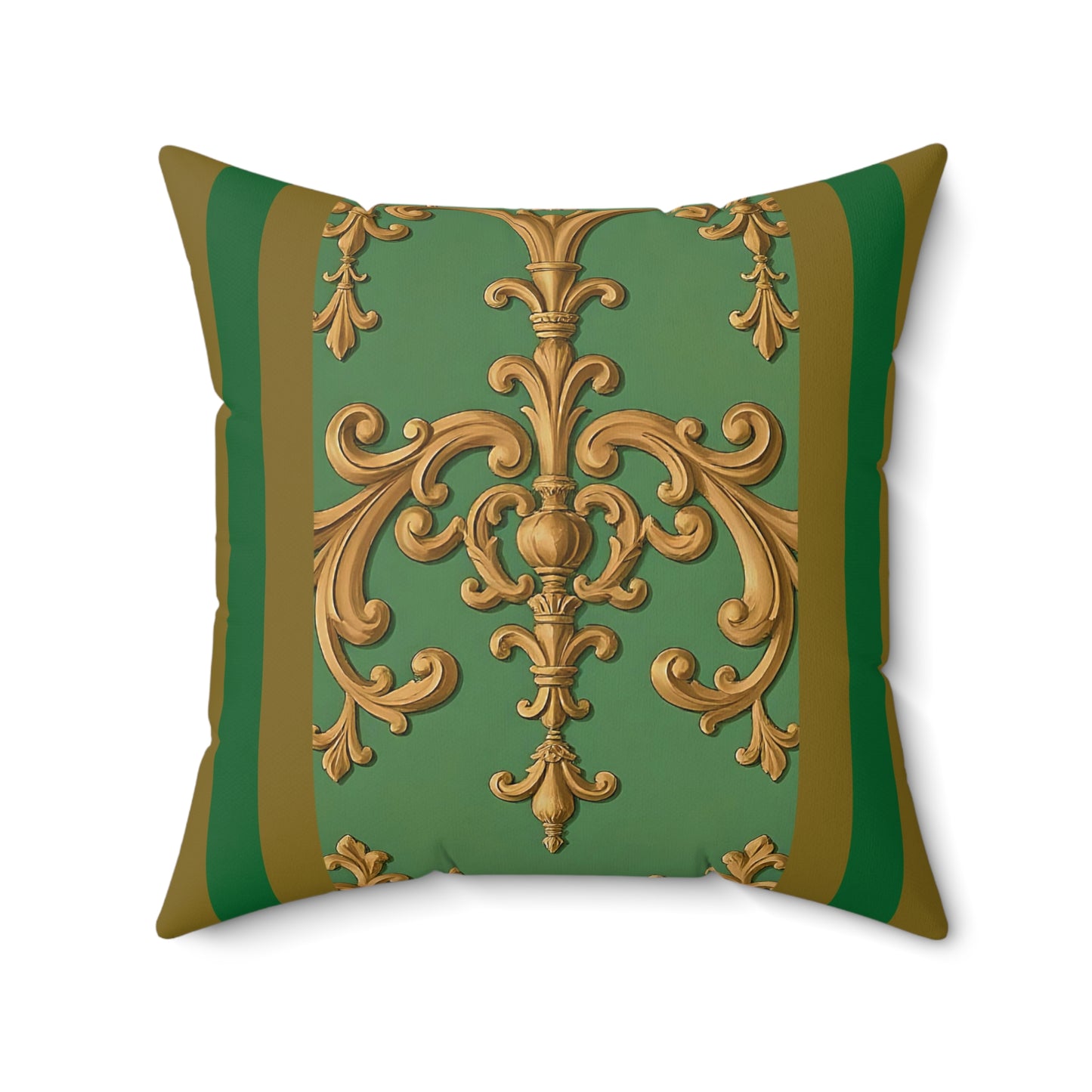 Elegant Faux Suede Square Pillow with Gold Floral Design, Throw Pillow, Home Decor, Living Room Accent, Gift for Her - Olive Green Striped Rococo