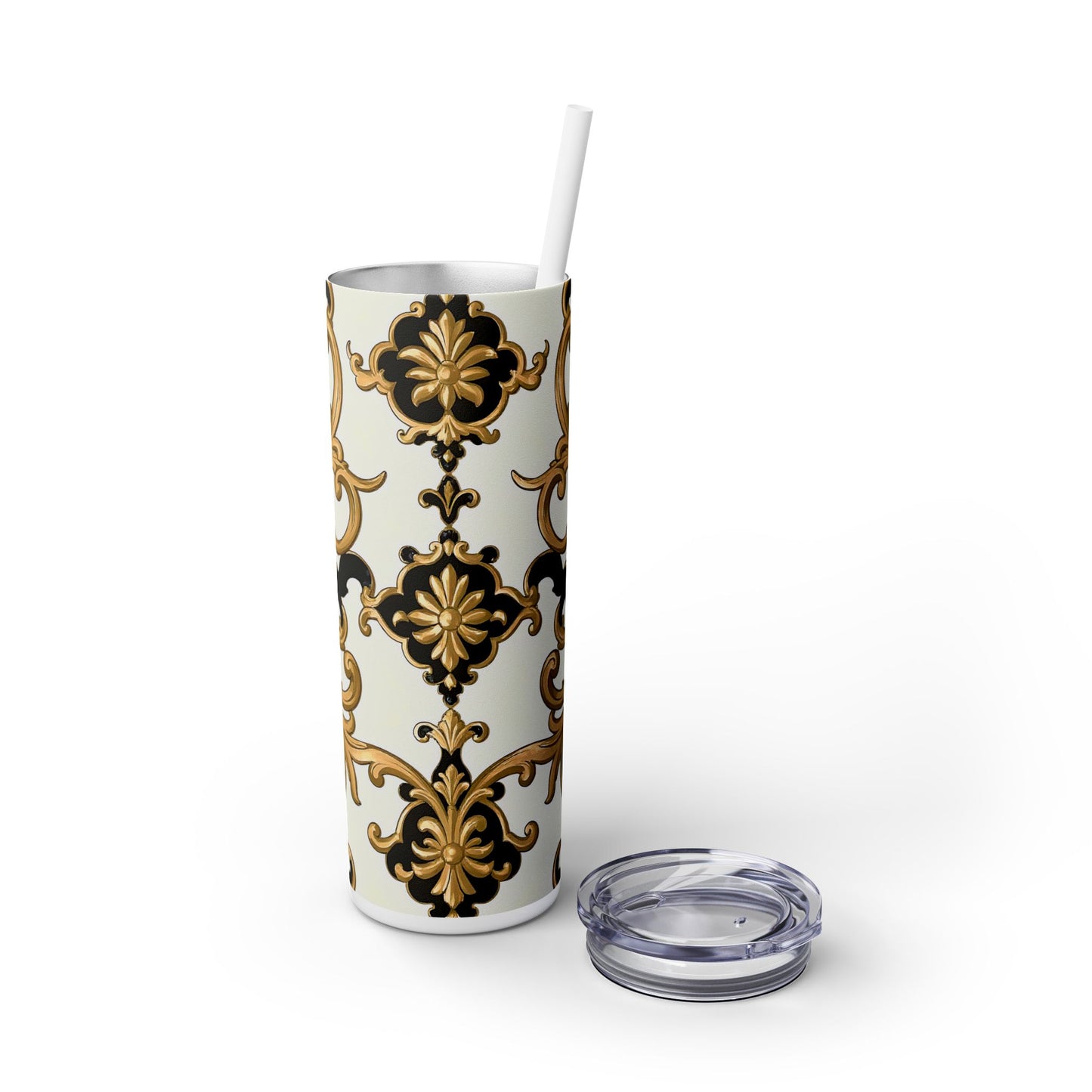 Elegant Gold Floral Skinny Tumbler, 20oz | Insulated Cup for Hot & Cold Drinks, Travel Mug, Gift for Mom, Stylish Drinkware - Black & Gold Rococo