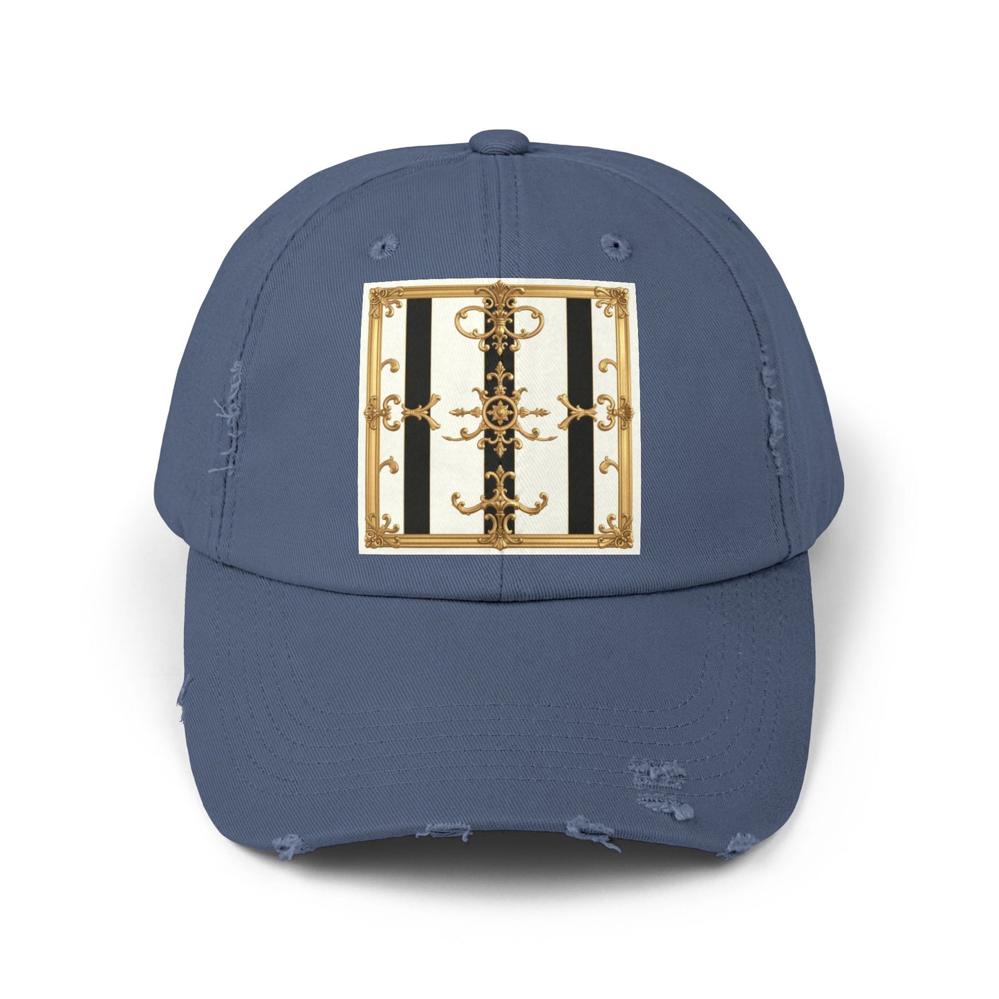 Stylish Distressed Cap with Unique Gold Design, Trendy Hat, Casual Wear, Gift for Him/Her - Black & White Striped Gold Baroque
