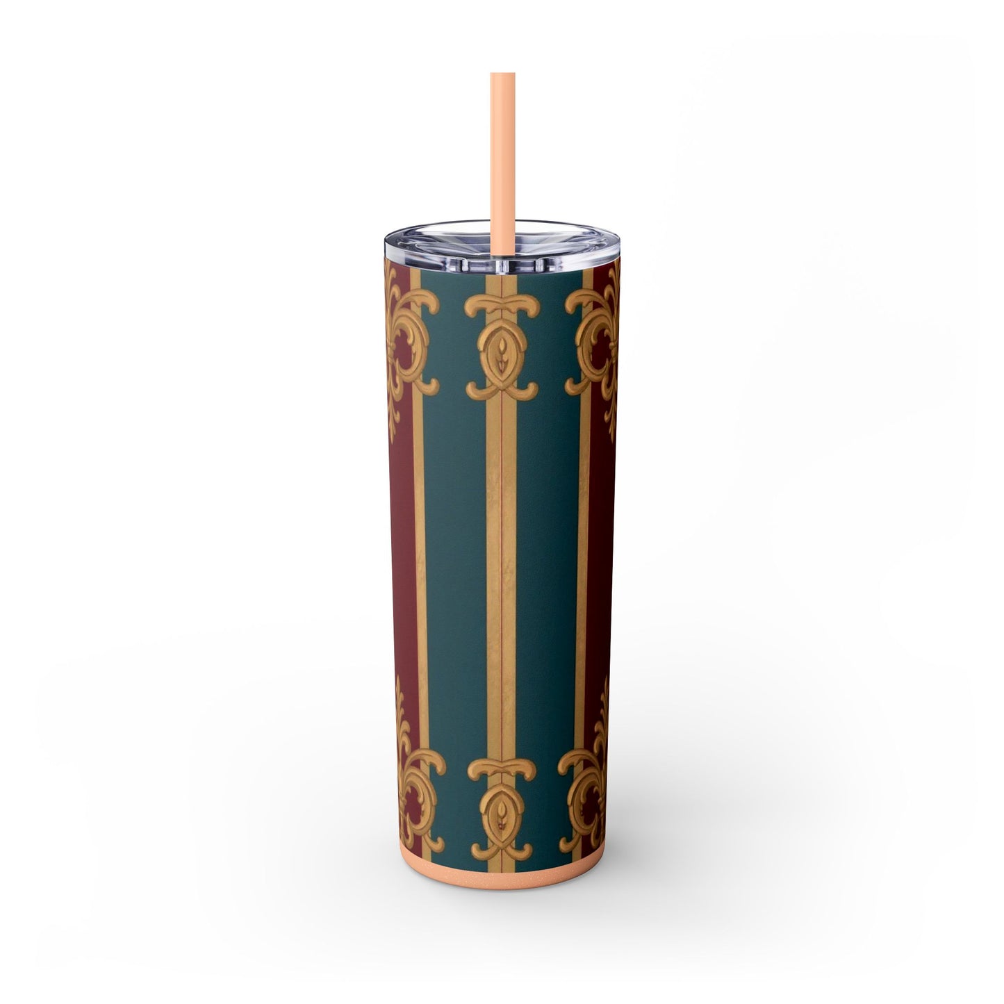 Elegant Vintage Skinny Tumbler with Straw, 20oz | Gold & Burgundy Design | Travel Mug, Gift for Her - Burgundy Striped Gold Baroque