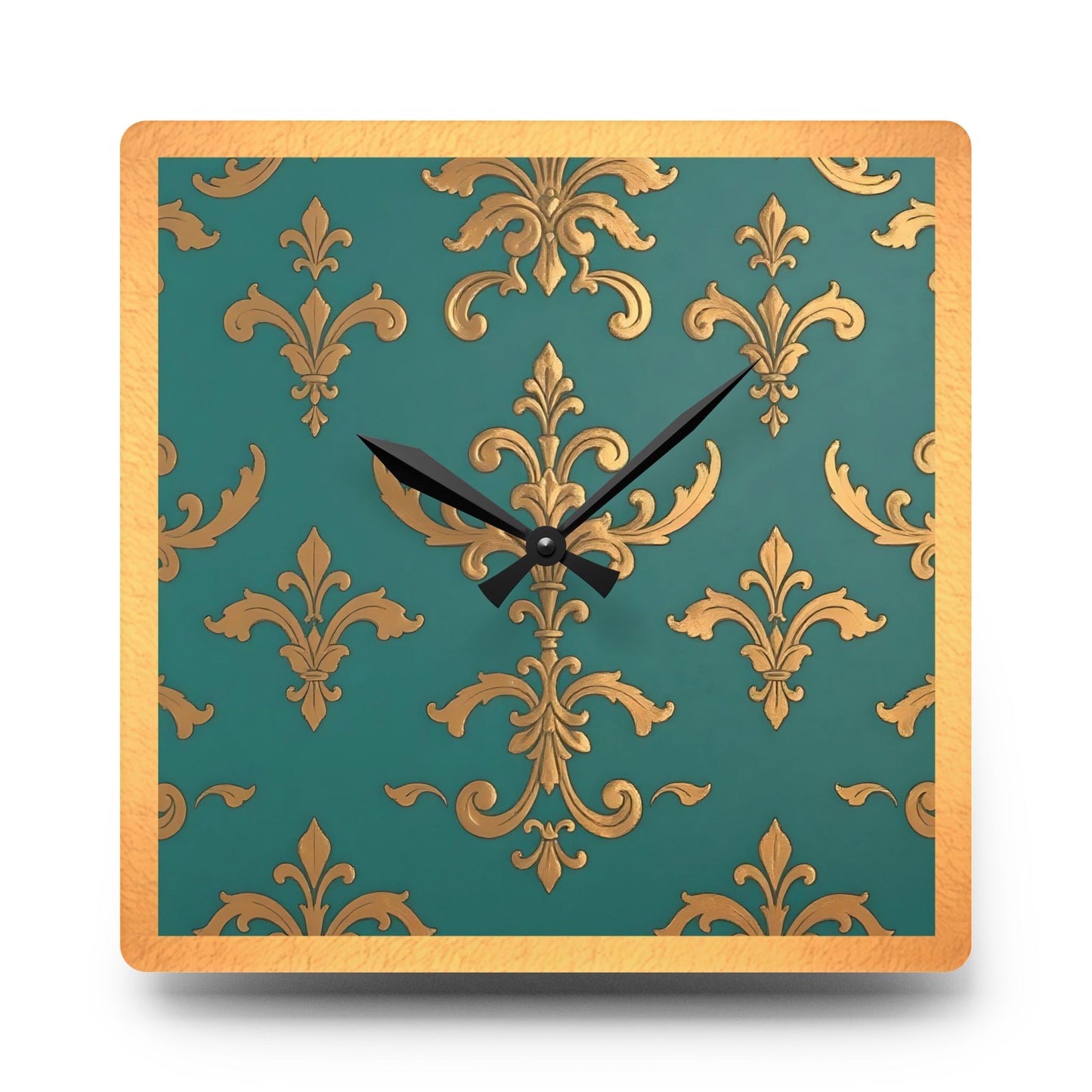 Bohemian Damask-Inspired Acrylic Wall Clock with Floral Design -  Aqua & Gold Design