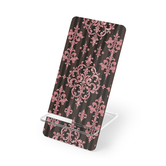 Elegant Floral Motif Smartphone Display Stand - Brown Striped Mauve Damask - Decorative Mobile Holder
